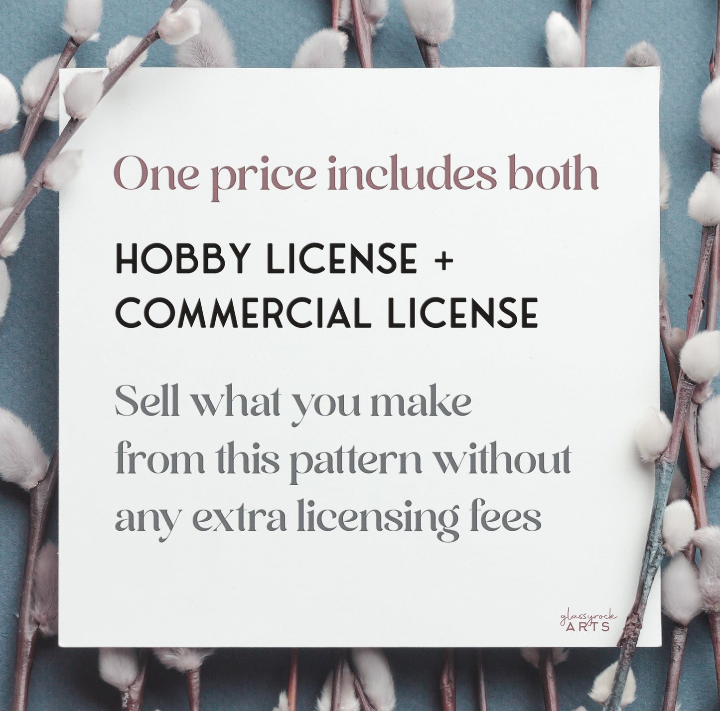 A square card on a soft blue background with cotton branches features the message: One price includes both Hobby License + Commercial License for the Round Mod Landscape Stained Glass Pattern. Sell what you make without extra licensing fees.