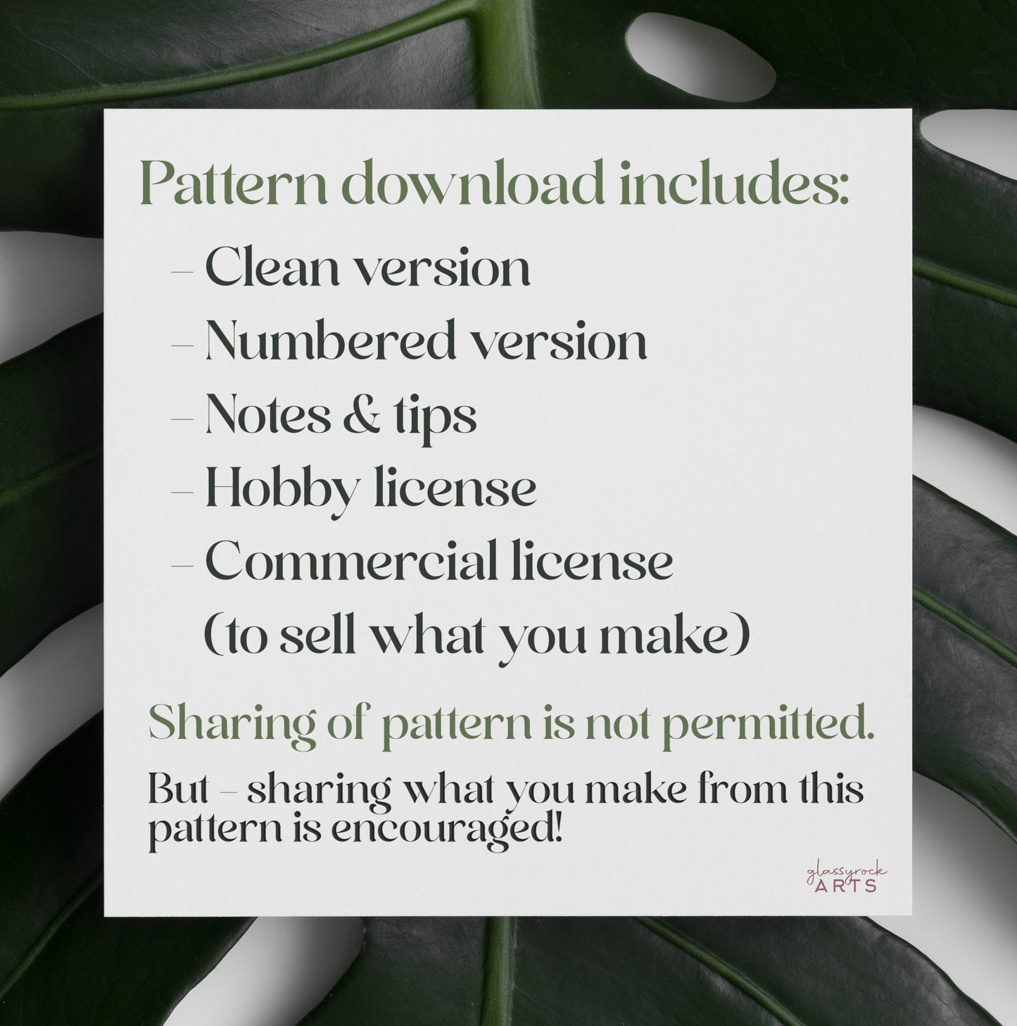 A note on a leaf background provides details for the Tatooine Landscape Stained Glass Pattern digital download, including clean and numbered versions, notes & tips, a hobby license, and a commercial license. Sharing the pattern is prohibited, but sharing finished creations is encouraged.
