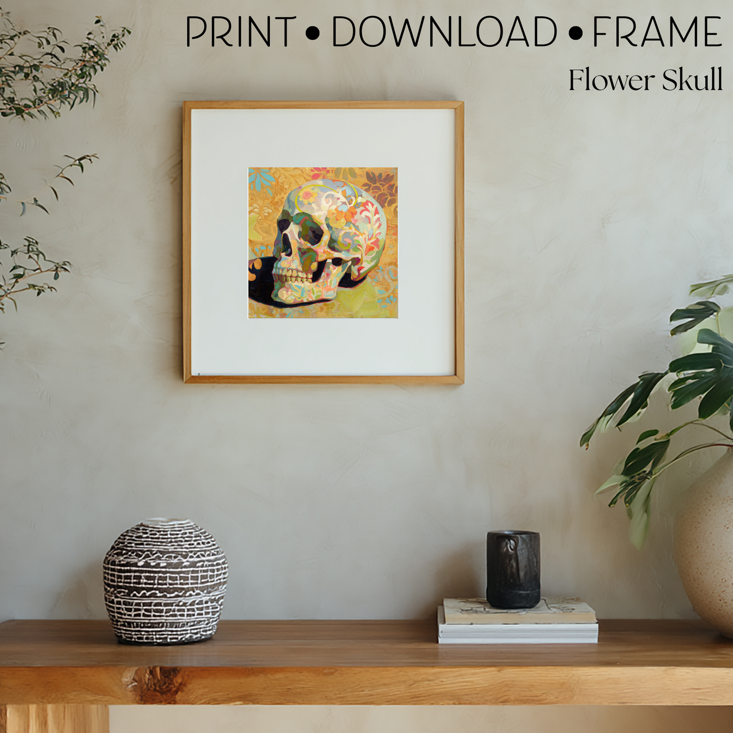 Halloween Printable Floral Skull Wall Art, Original Artwork with 5 Sizes Included