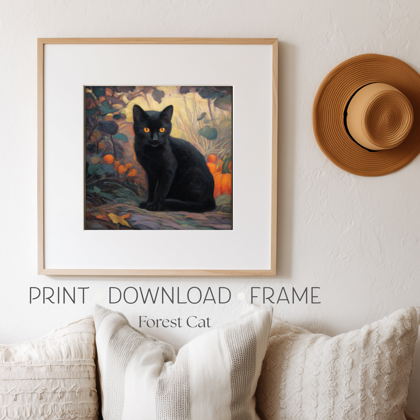 Halloween Forest Cat Art Print: Spooky Fall Decor (Digital Download, 5 Sizes Included)