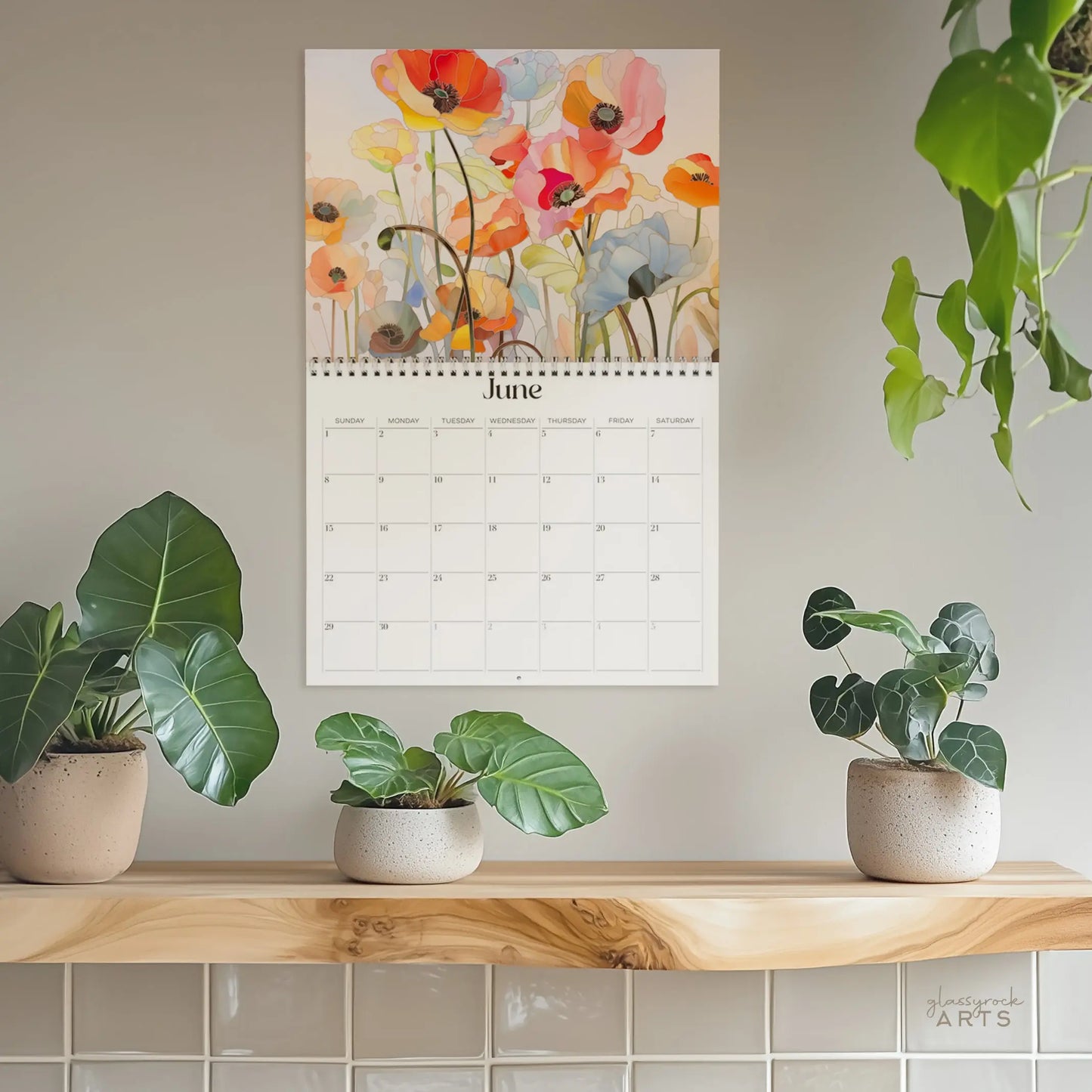 The poppies calendar, a 2025 monthly wall calendar with poppy-themed original artwork, hanging on a wall surrounded by plants. The June pages shows colorful poppies.