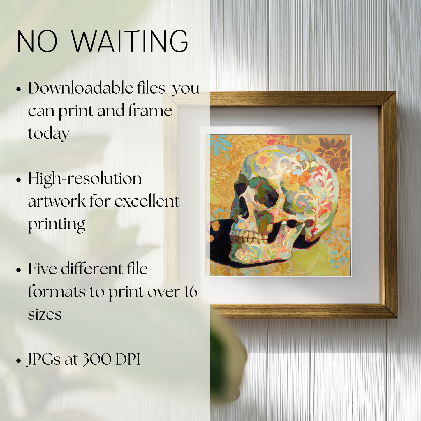 Halloween Printable Floral Skull Wall Art, Original Artwork with 5 Sizes Included