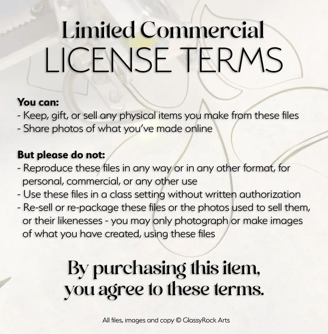 The license for Stained Glass Gnome SVGs permits keeping, gifting, selling physical items made from the files, and sharing photos online. Reproducing files, unauthorized class use, and reselling files or likenesses are prohibited. Agreement acknowledged.