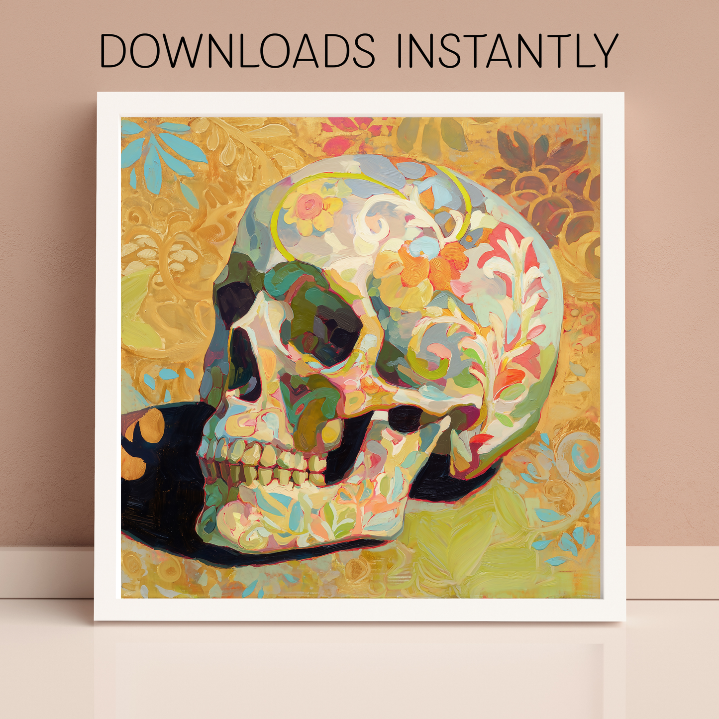 Halloween Printable Floral Skull Wall Art, Original Artwork with 5 Sizes Included
