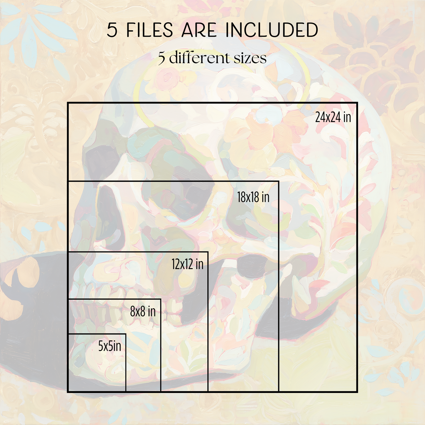 Halloween Printable Floral Skull Wall Art, Original Artwork with 5 Sizes Included