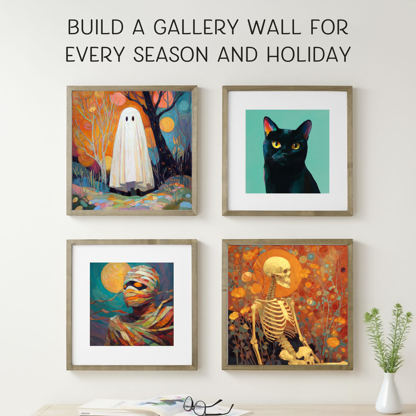 Halloween Icons Colorful Gallery Wall: 3 Spooky Art Printables (Original Artwork)
