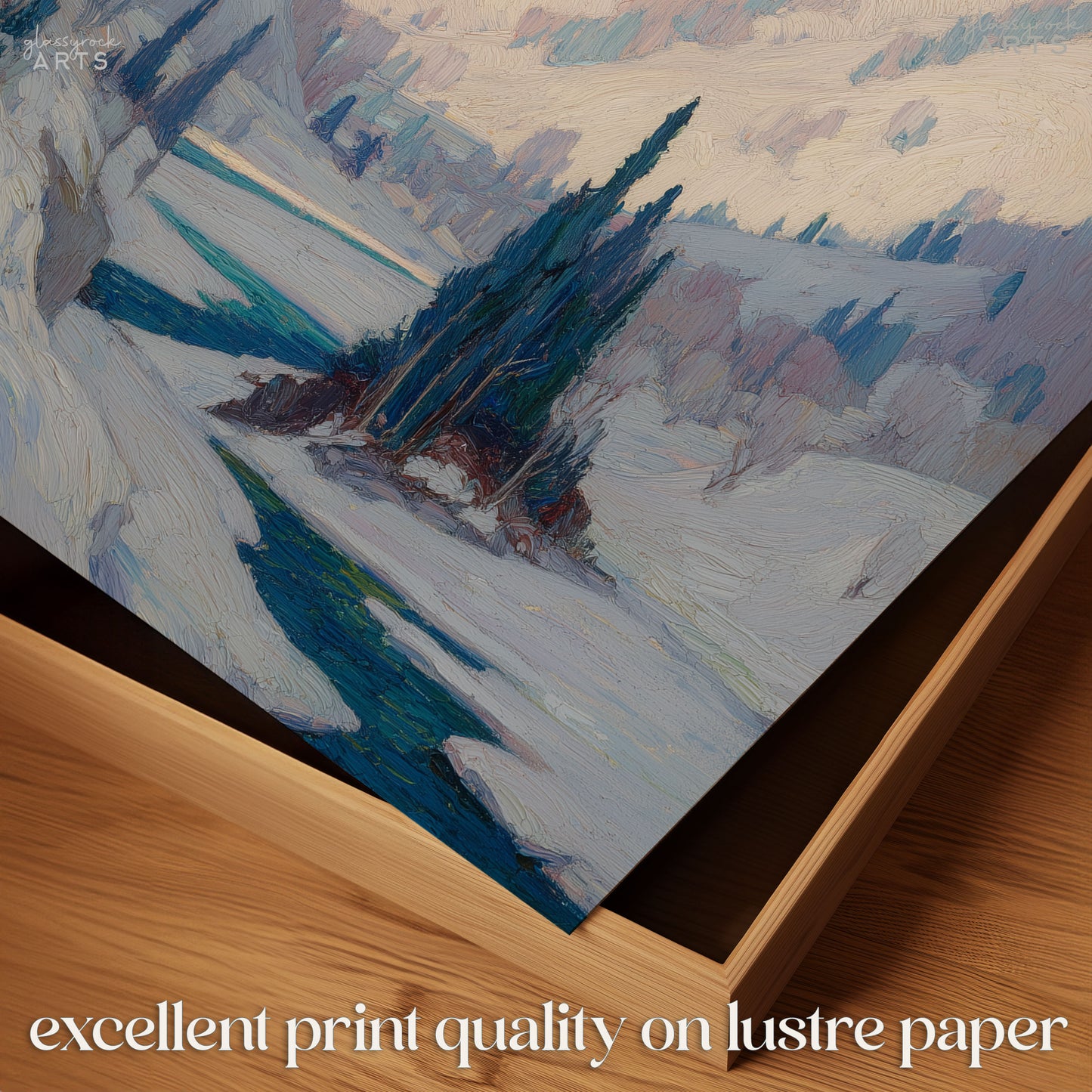 Art print of a snowy landscape with trees on a wooden surface, text 'excellent print quality on lustre paper' displayed.