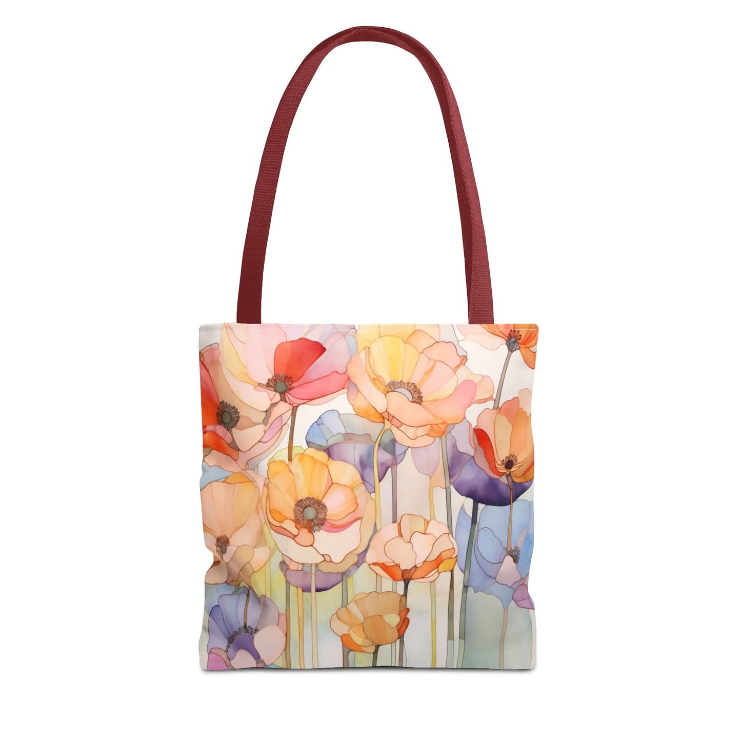 The Stained Glass Poppy Flowers Tote Bag showcases a floral design inspired by stained glass, with vibrant orange, yellow, pink, and purple blooms on a white background. It features maroon handles and is made from durable polyester materials. Available in three sizes.