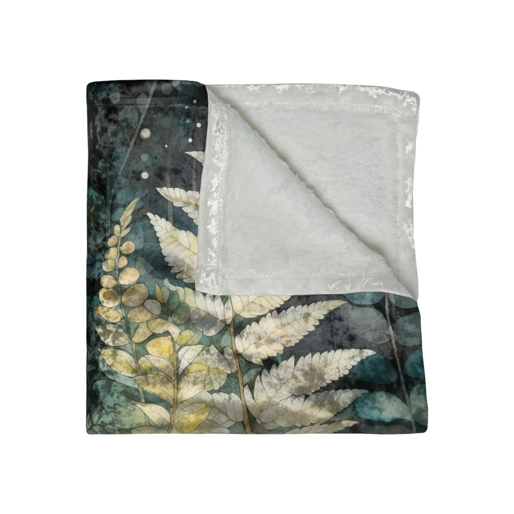 The Stained Glass Midnight Ferns Crushed Velvet Blanket, measuring 50x60, features a leafy fern design in green and cream on one side and cozy fleece on the other, adding warmth and elegance to any room.