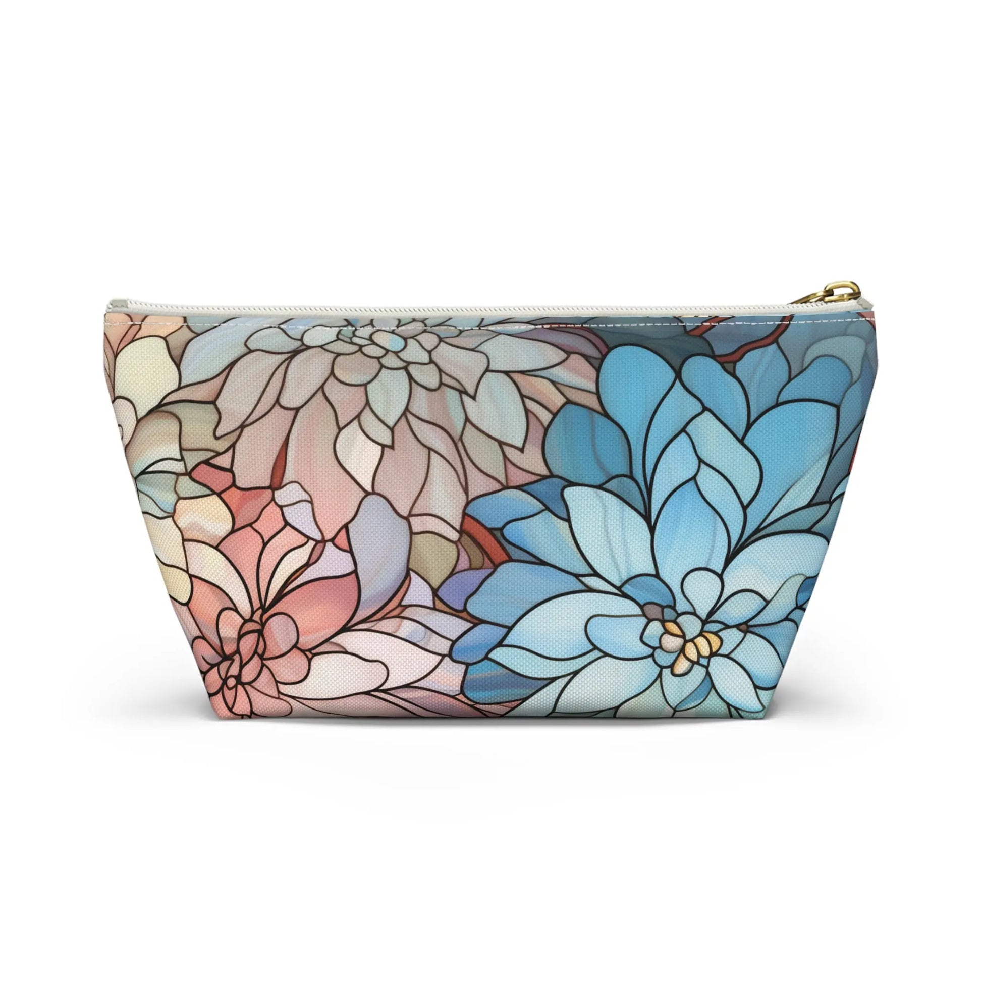 The Stained Glass Dark Flowers Cosmetic Bag is a zippered pouch with a colorful floral design in shades of blue, pink, and beige that resembles a stained glass pattern, making it an ideal boho gift for those who appreciate artistic flair.