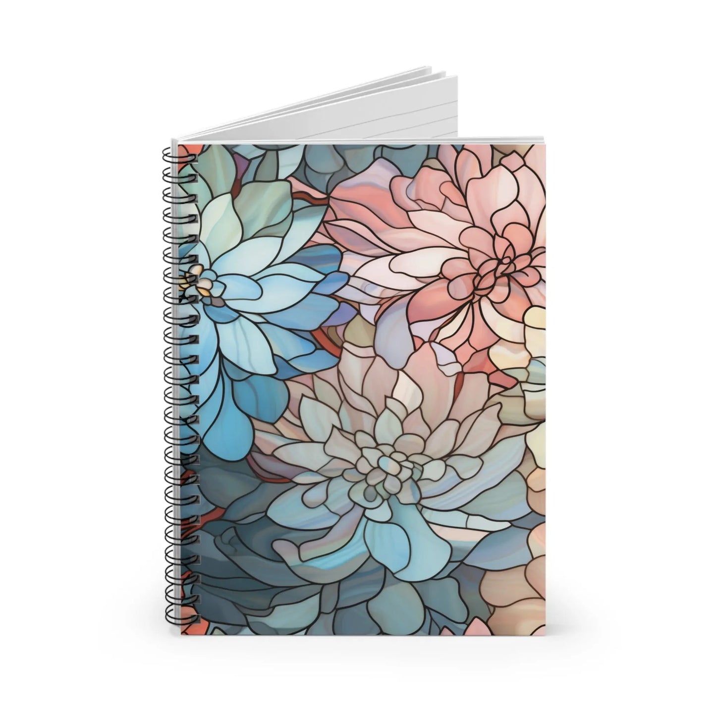 The Stained Glass Dark Flowers Spiral Notebook features a spiral-bound cover adorned with intricate floral designs in blue, pink, and beige, reminiscent of stained glass art. It offers a colorful and artistic look with premium printing and stands upright with its pages slightly open.
