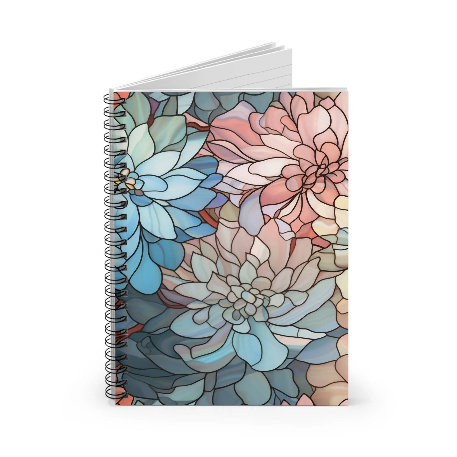 The Stained Glass Dark Flowers Spiral Notebook features a spiral-bound cover adorned with intricate floral designs in blue, pink, and beige, reminiscent of stained glass art. It offers a colorful and artistic look with premium printing and stands upright with its pages slightly open.