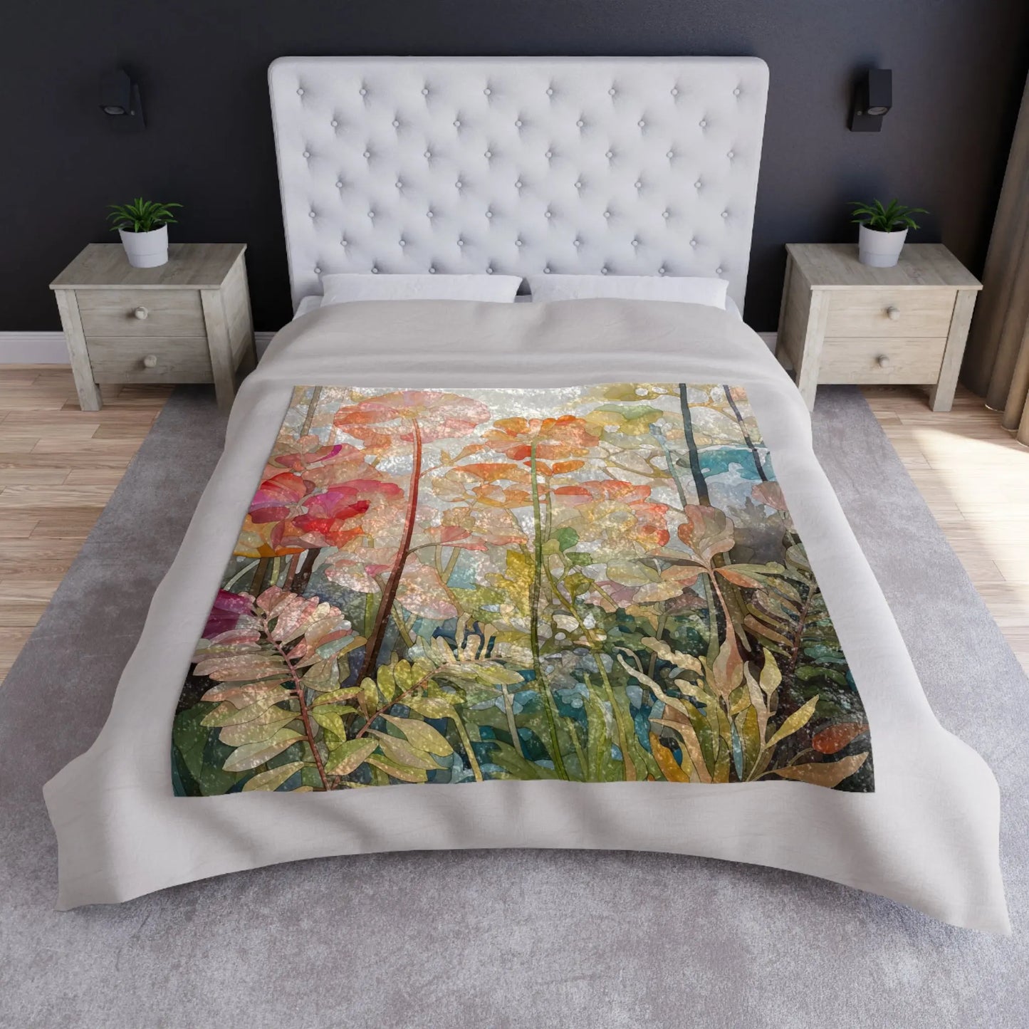 The bed showcases a white tufted headboard and a vibrant Stained Glass Flowers & Ferns Crushed Velvet Blanket. The rooms dark walls contrast with two light wood nightstands adorned with small potted plants, set against a gray carpet, and natural light flows in from the right window.