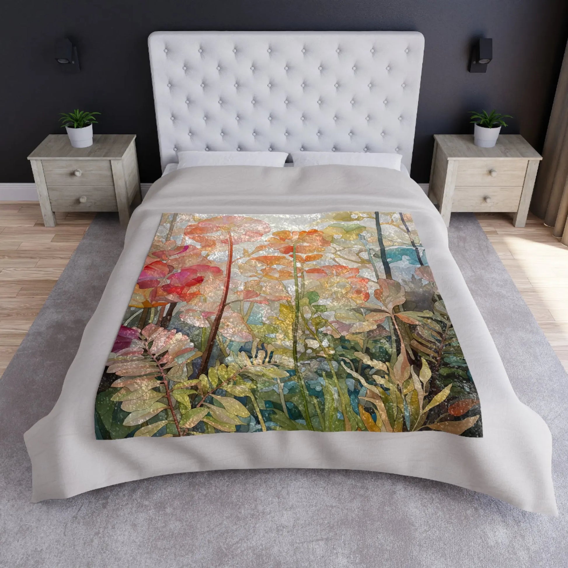 The bed showcases a white tufted headboard and a vibrant Stained Glass Flowers & Ferns Crushed Velvet Blanket. The rooms dark walls contrast with two light wood nightstands adorned with small potted plants, set against a gray carpet, and natural light flows in from the right window.