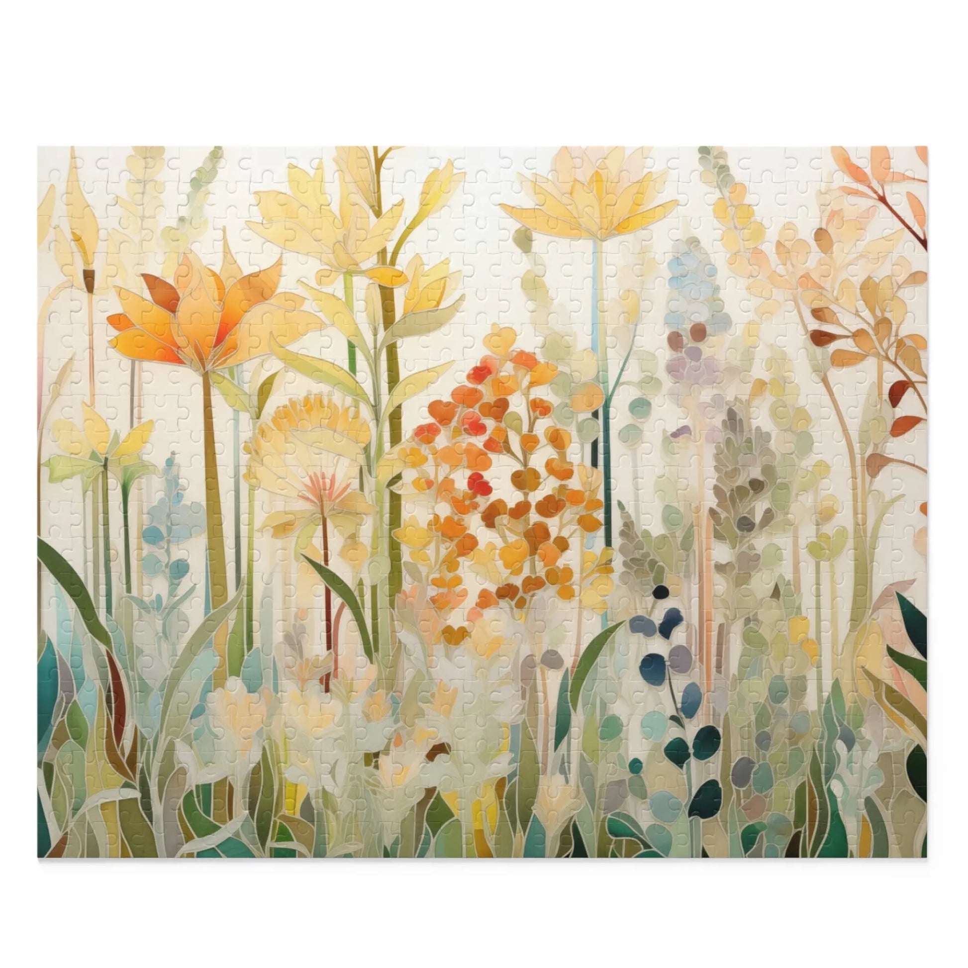 The Autumn Botanicals Jigsaw Puzzle showcases an array of abstract flowers and plants in warm, earthy tones. With tall stems and leaves, it features blooms in orange, yellow, and green creating a serene natural scene—ideal for nature lovers.