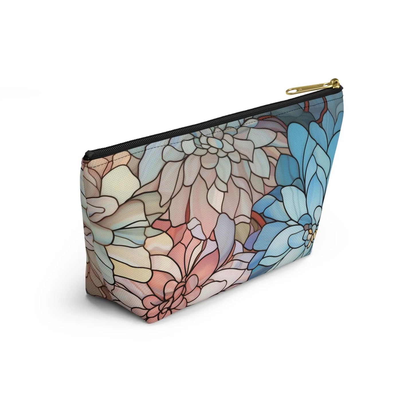 The Stained Glass Dark Flowers Cosmetic Bag sports a chic floral design in blue, pink, and beige on white. Featuring a gold zipper, this unique pouch is perfect as a boho gift or for storing cosmetics.