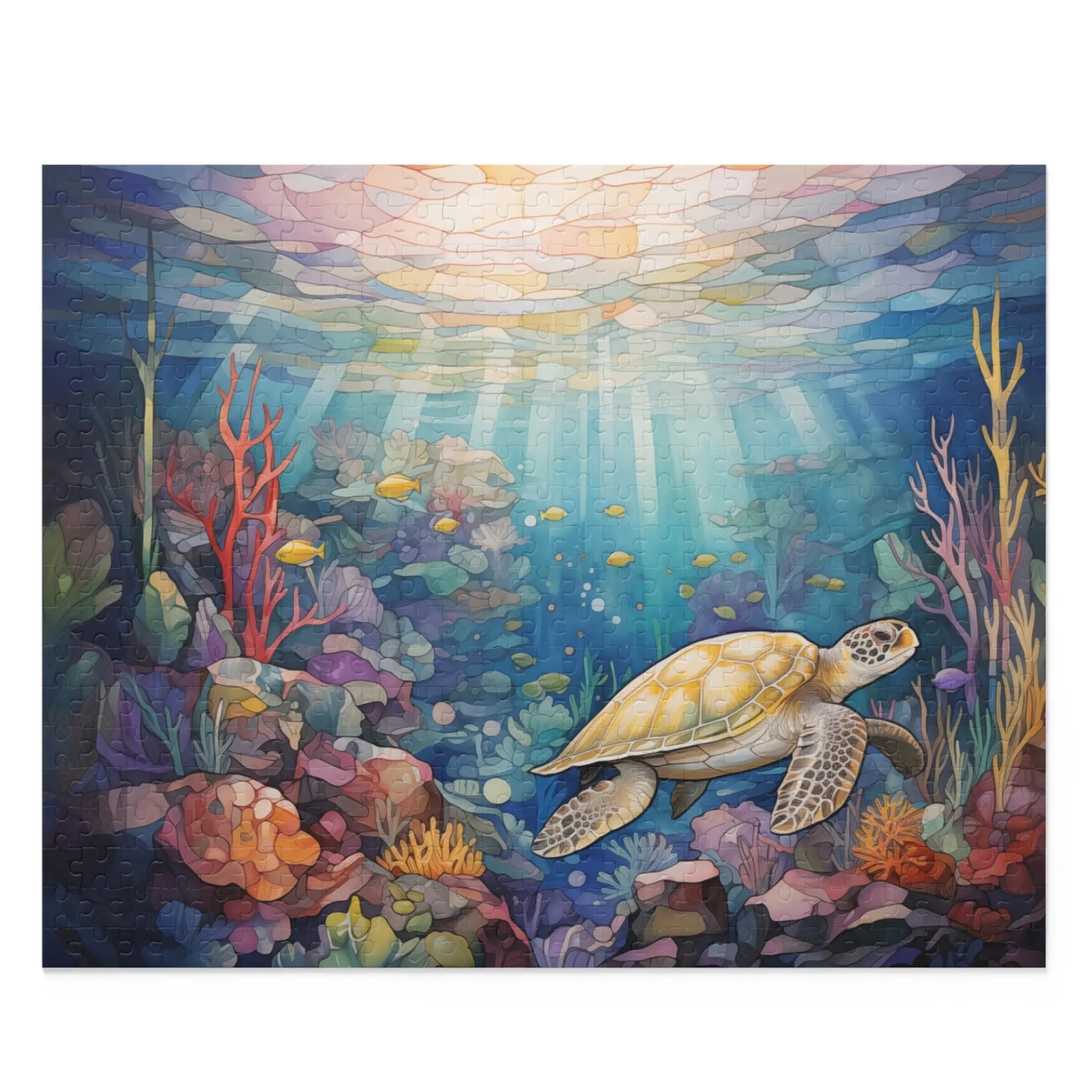 The Sea Turtle Reef Jigsaw Puzzle captures an underwater scene with a turtle swimming among vibrant corals. Sunlight filters through, illuminating colorful fish. The turtles detailed shell and flippers harmonize with the rich marine life, creating a living masterpiece perfect as a turtle art gift.