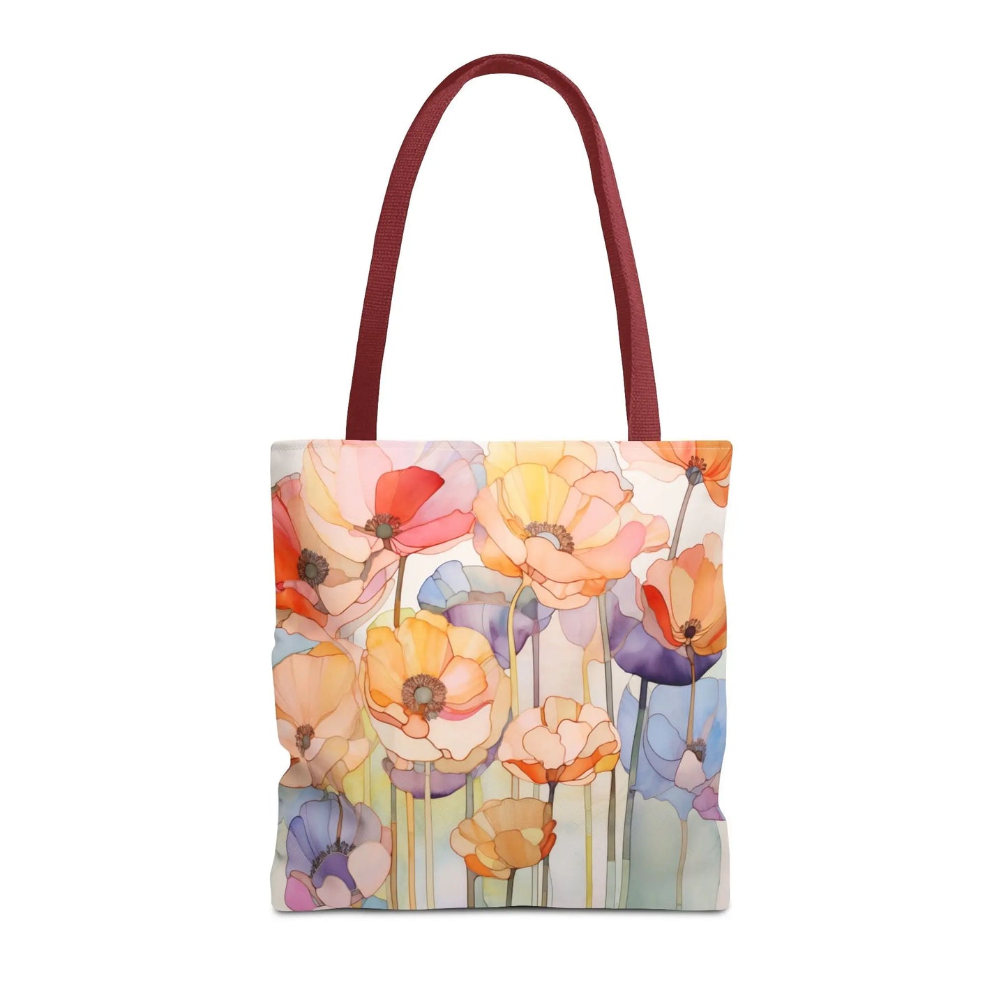 The Stained Glass Poppy Flowers Tote Bag with maroon straps showcases a vibrant floral design in red, yellow, orange, purple, and pink against a light background of durable polyester. Available in 3 sizes.