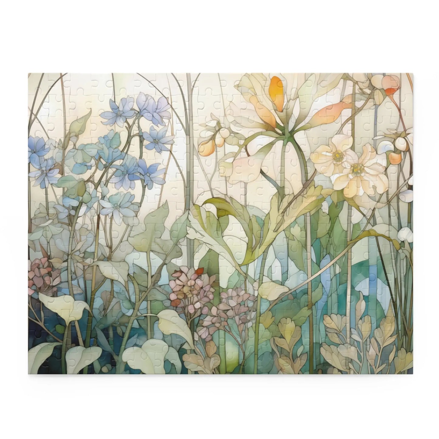 The Summer Wildflowers Jigsaw Puzzle showcases delicate botanical illustrations of blue, white, and coral summer wildflowers against a soft pastel background, creating a whimsical garden atmosphere.