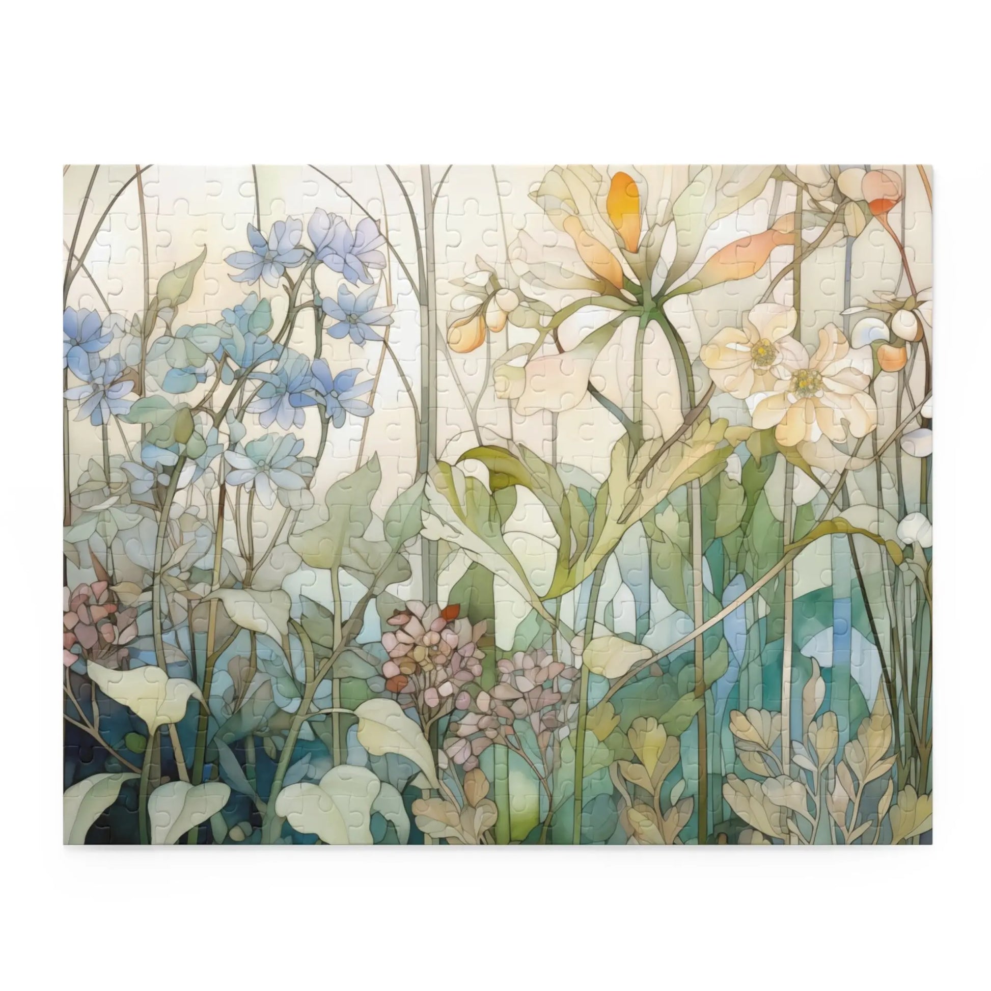The Summer Wildflowers Jigsaw Puzzle showcases delicate botanical illustrations of blue, white, and coral summer wildflowers against a soft pastel background, creating a whimsical garden atmosphere.