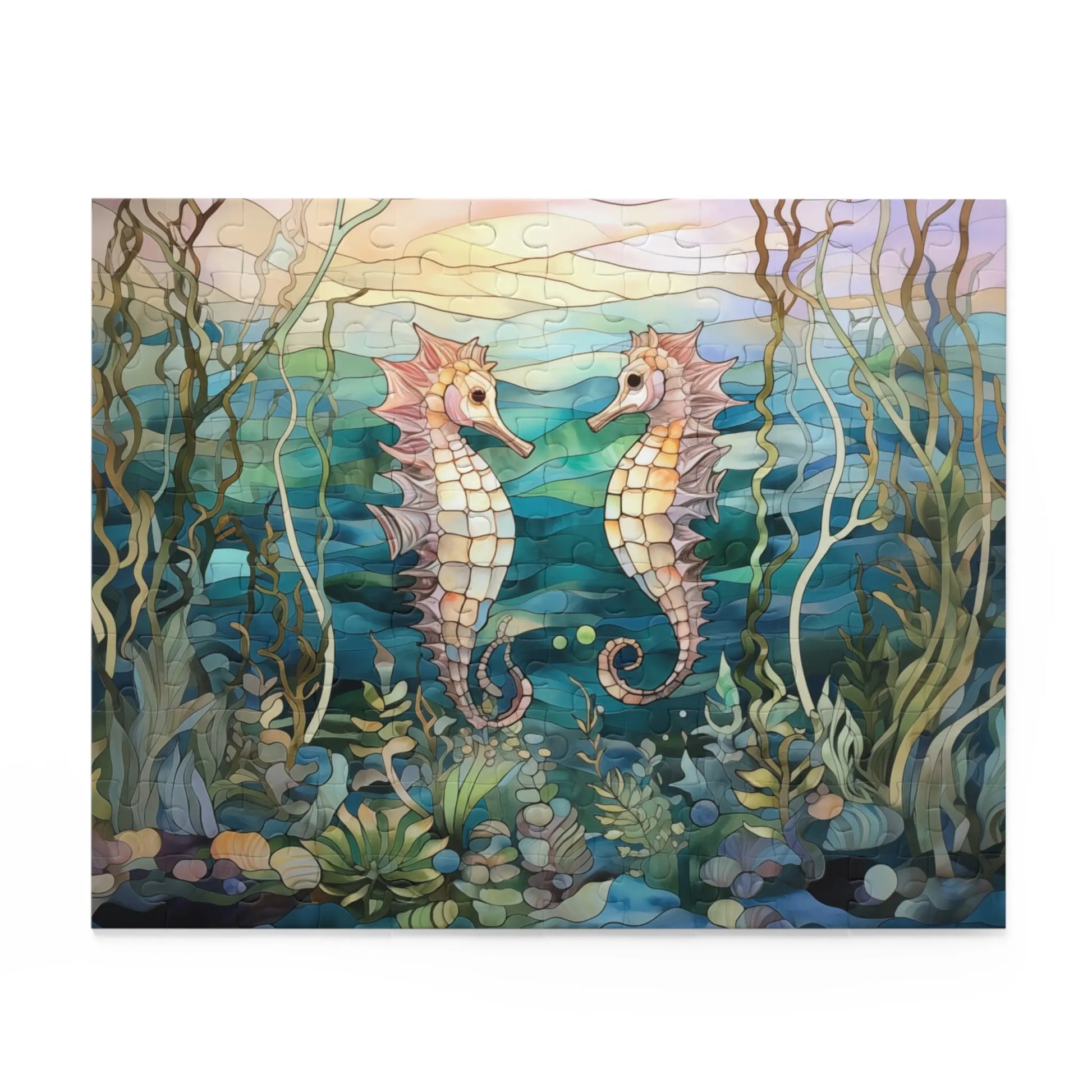 The Stained Glass Seahorses Jigsaw Puzzle features two seahorses facing each other amid seaweed and colorful coral. Its stained glass style blends blues and greens, creating a serene ocean atmosphere—perfect for nature lovers.