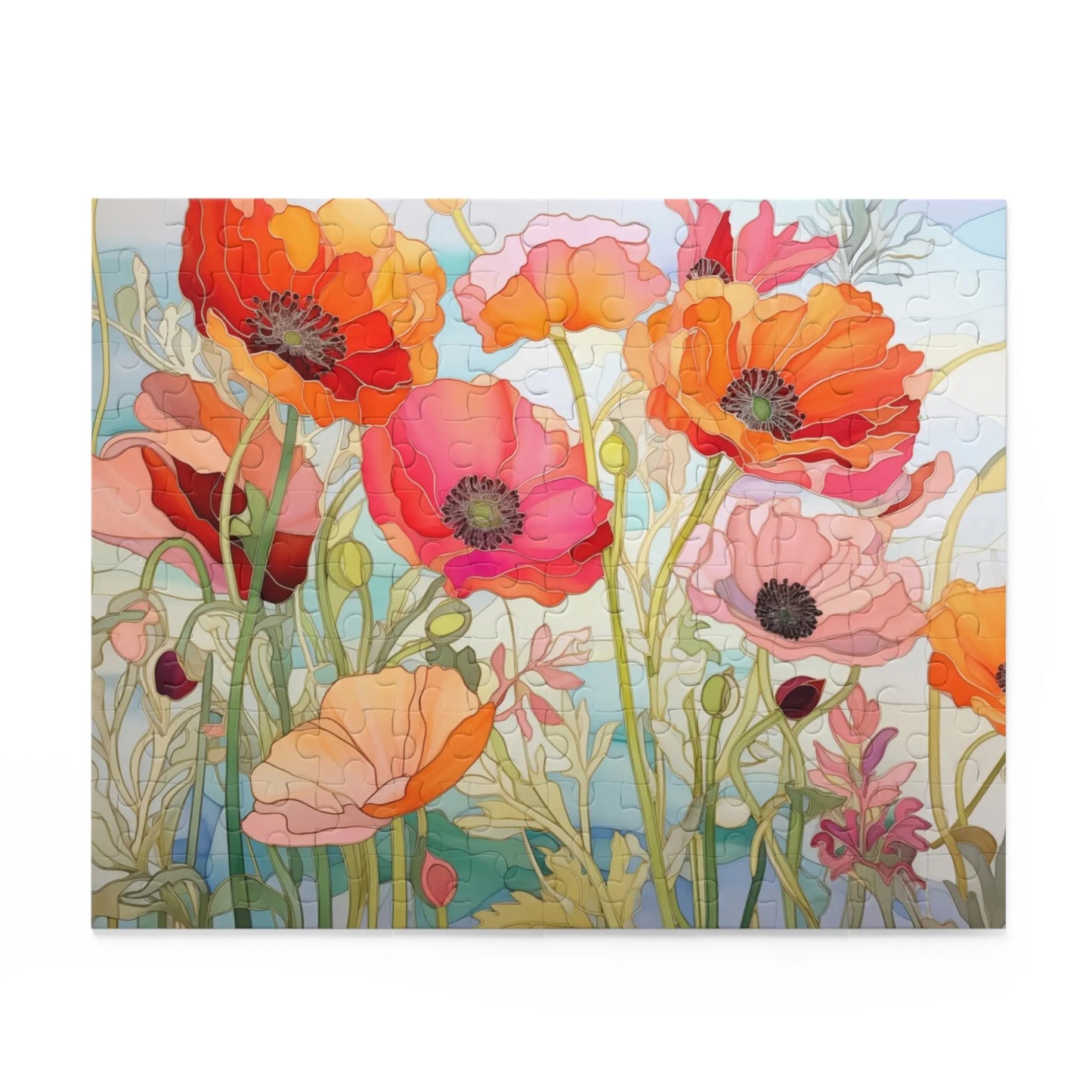 The California Poppies Jigsaw Puzzle features a stained glass-inspired design of vibrant red, pink, and orange poppies on a light blue background with green stems and leaves, making it an ideal art gift.