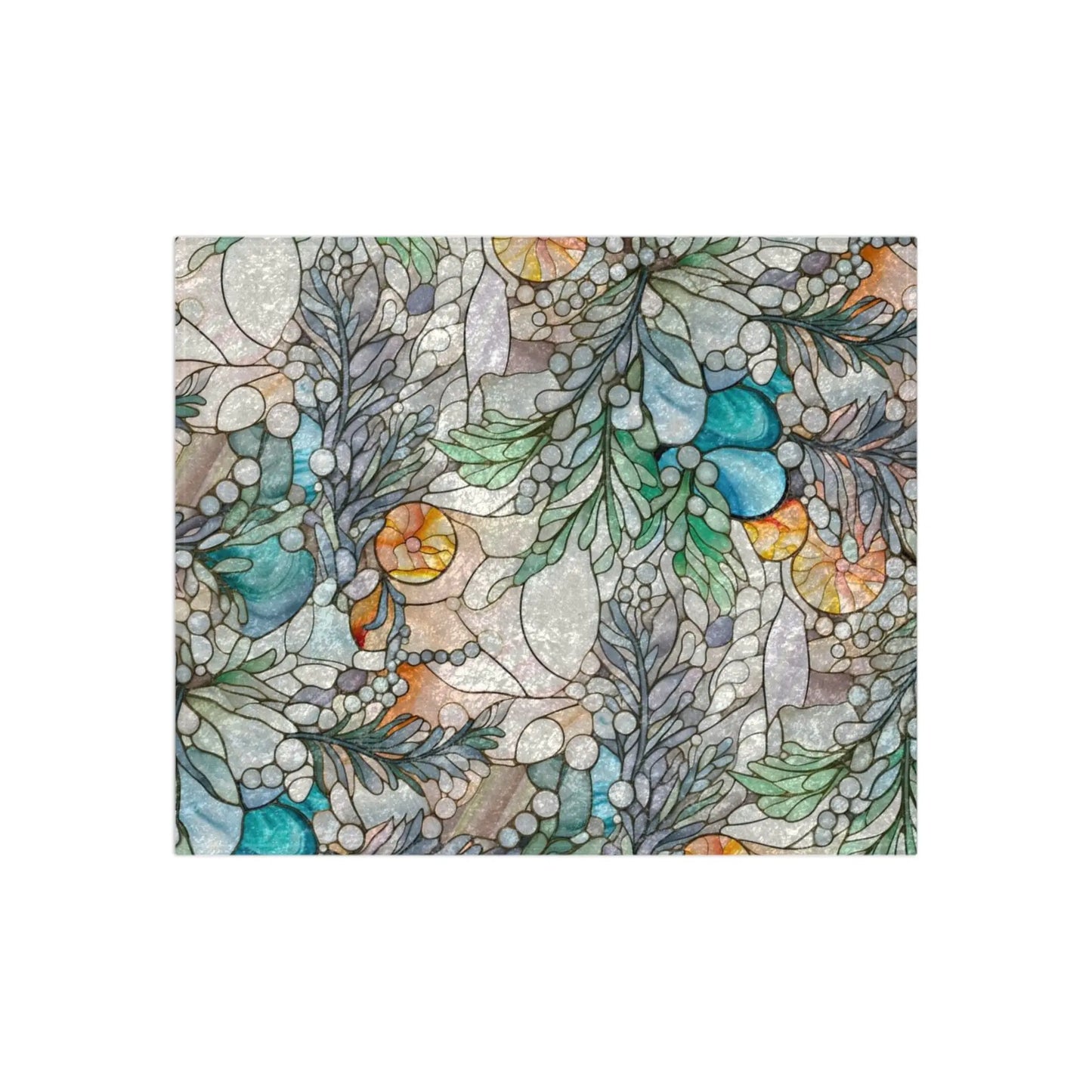 The Stained Glass Rainbow Ferns Forest Crushed Velvet Blanket (50x60) showcases an abstract botanical design with organic shapes, leafy patterns, and colorful forms in green, blue, and orange reminiscent of stained glasss intricate details.