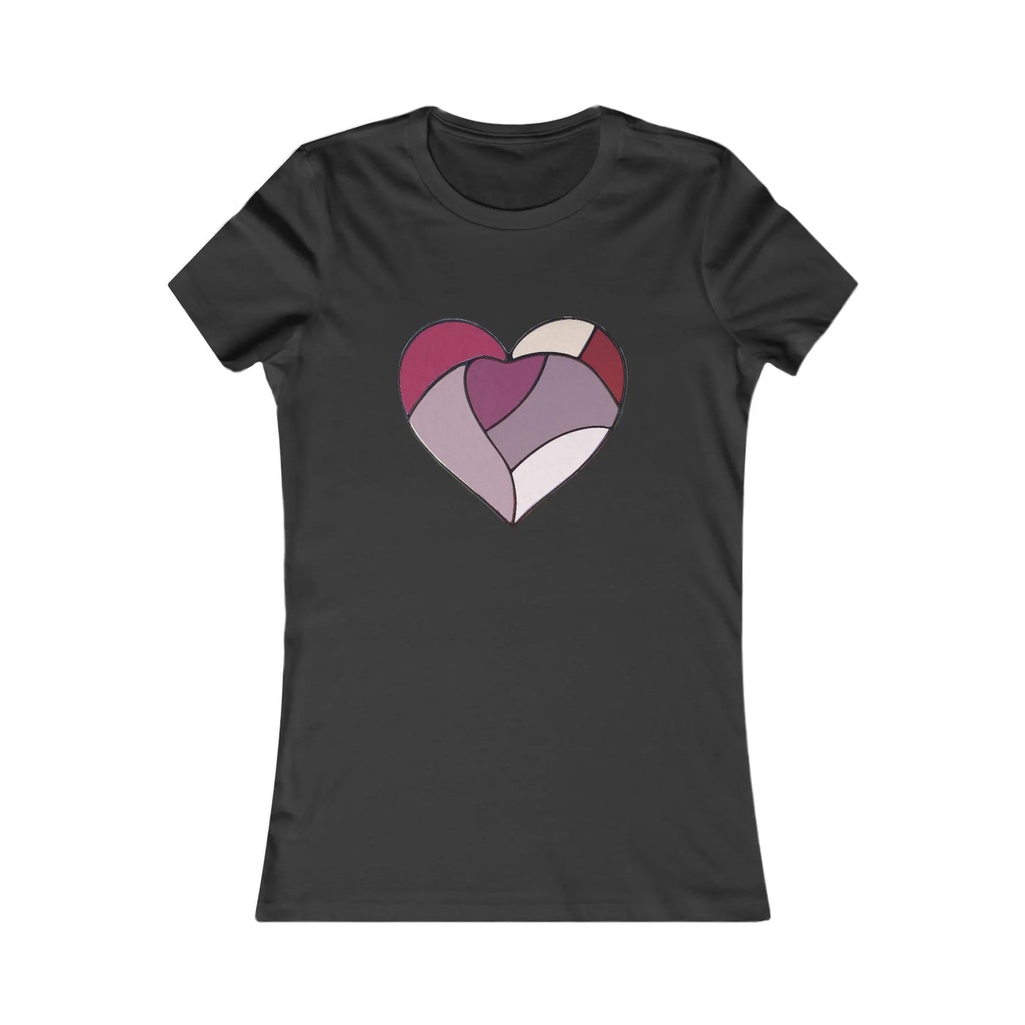 The Stained Glass Heart Womens Tee Shirt is a black fitted T-shirt with a large abstract heart design on the chest, resembling a stained glass mosaic in various shades of pink, red, and cream.