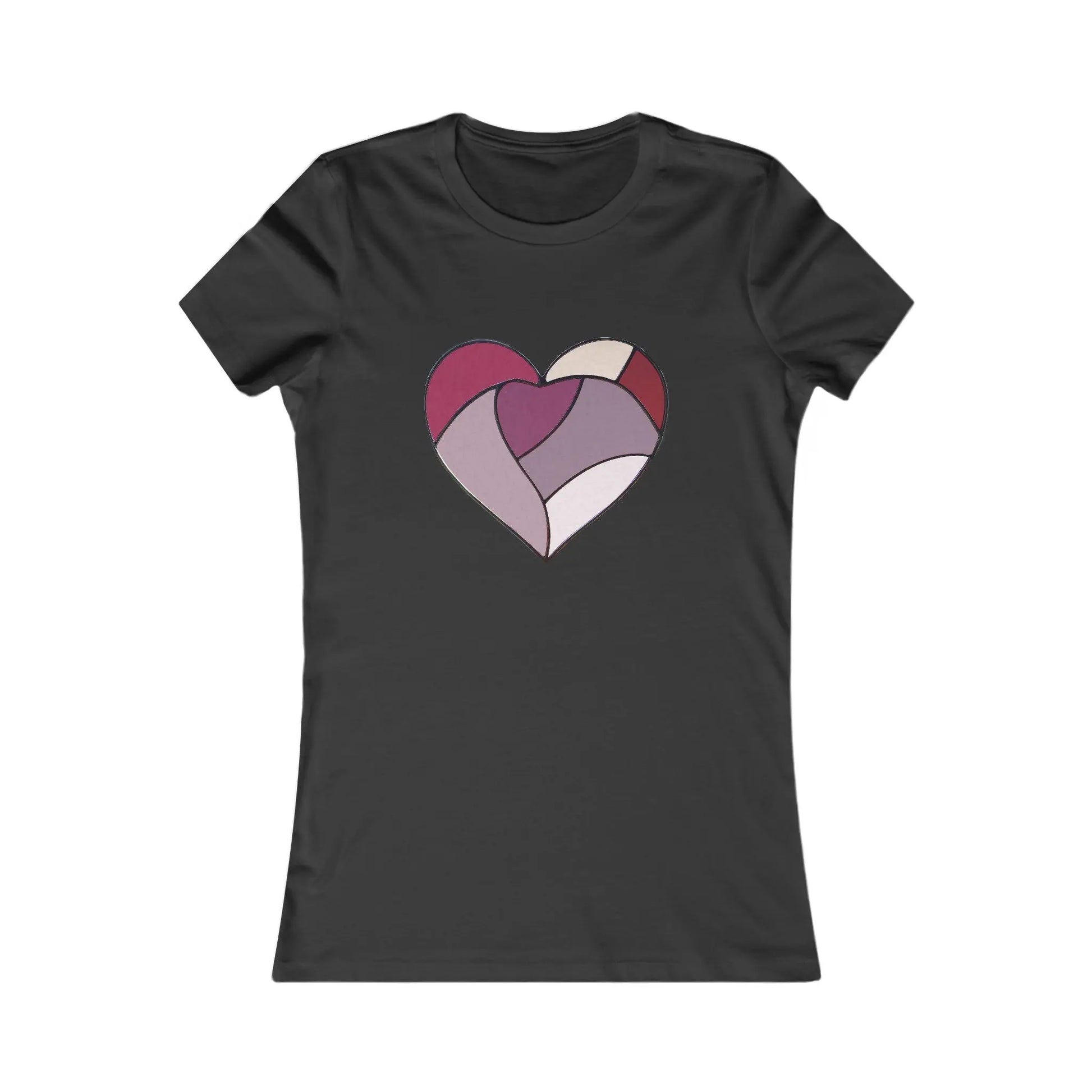 The Stained Glass Heart Womens Tee Shirt is a black fitted T-shirt with a large abstract heart design on the chest, resembling a stained glass mosaic in various shades of pink, red, and cream.