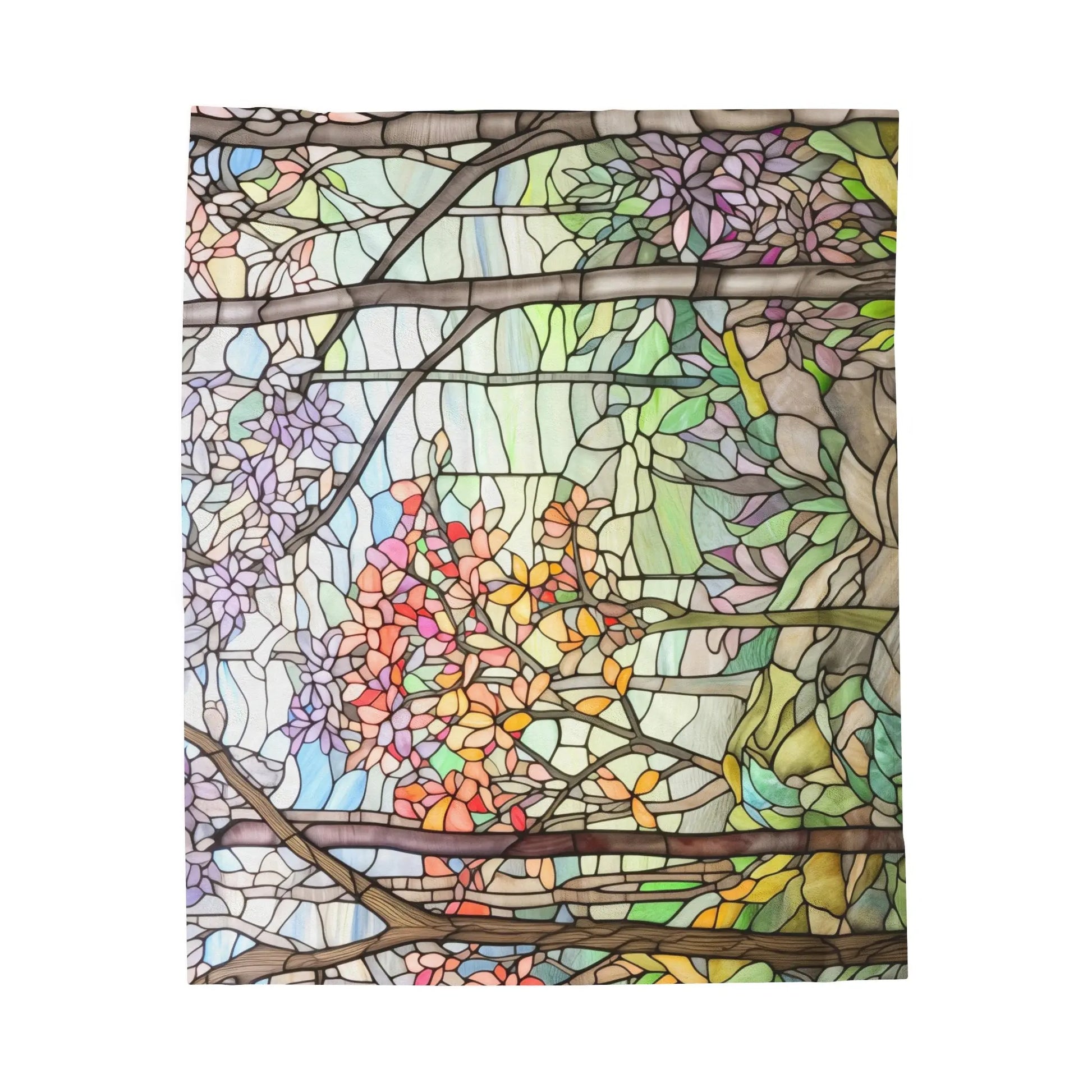A picture of the Stained Glass Springtime Forest Velveteen Plush Blanket from GlassyRock Arts.
