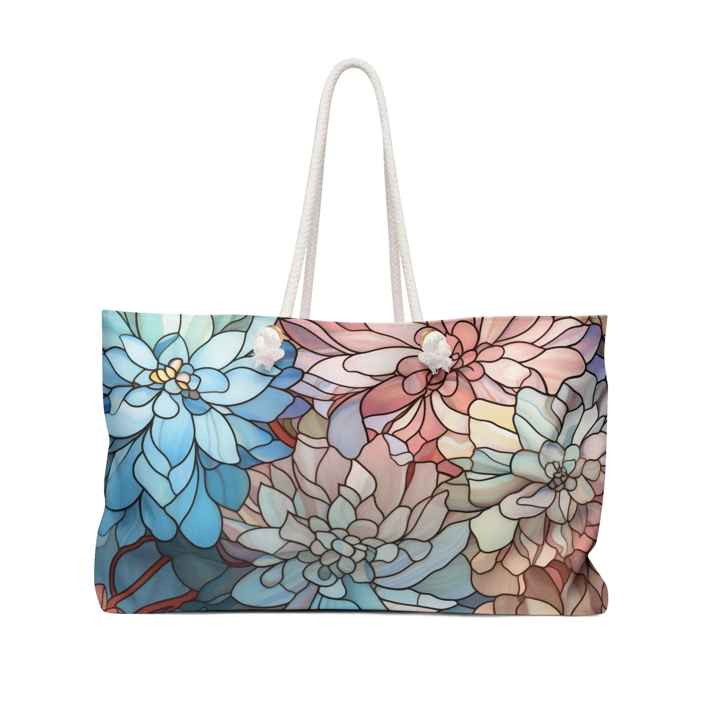 The Stained Glass Dark Flowers Oversized Tote Bag showcases overlapping pastel blue, pink, and cream flowers for a stained glass look. With white rope handles, its an ideal gift to enhance any boho collection.