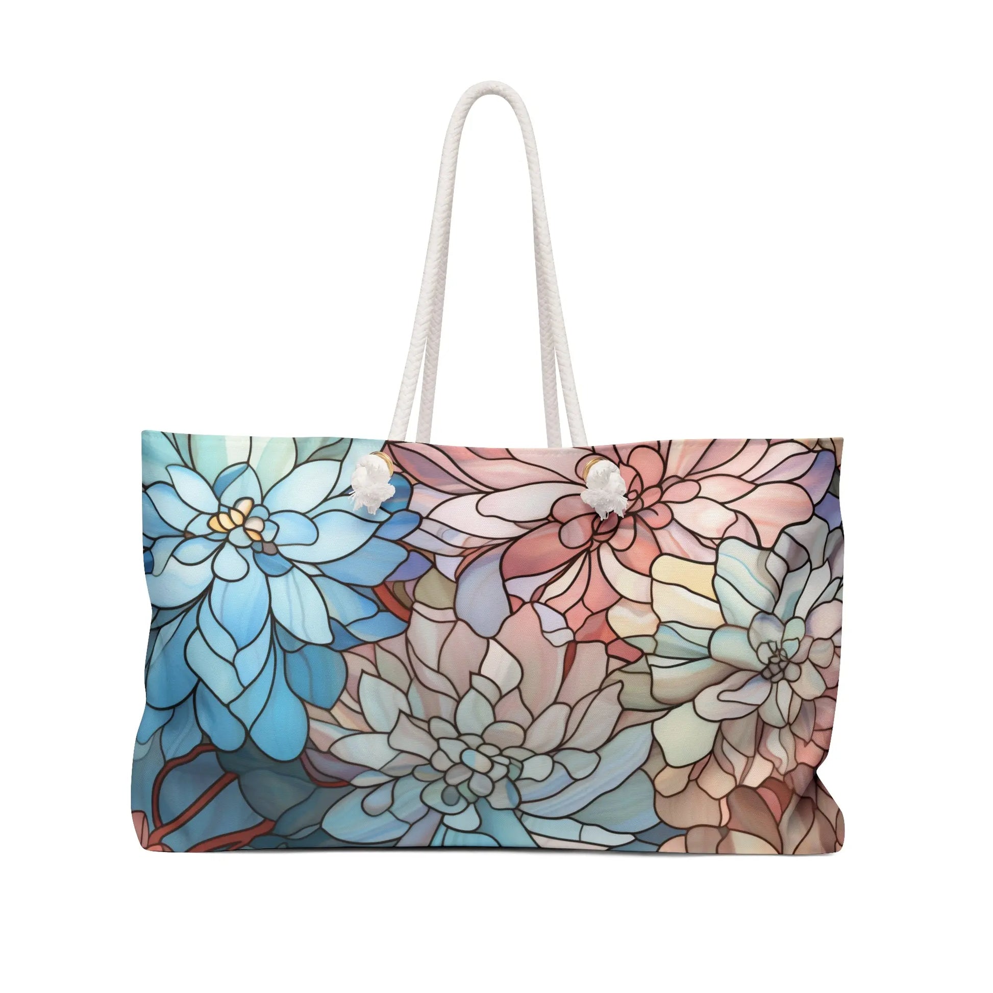 The Stained Glass Dark Flowers Oversized Tote Bag showcases overlapping pastel blue, pink, and cream flowers for a stained glass look. With white rope handles, its an ideal gift to enhance any boho collection.