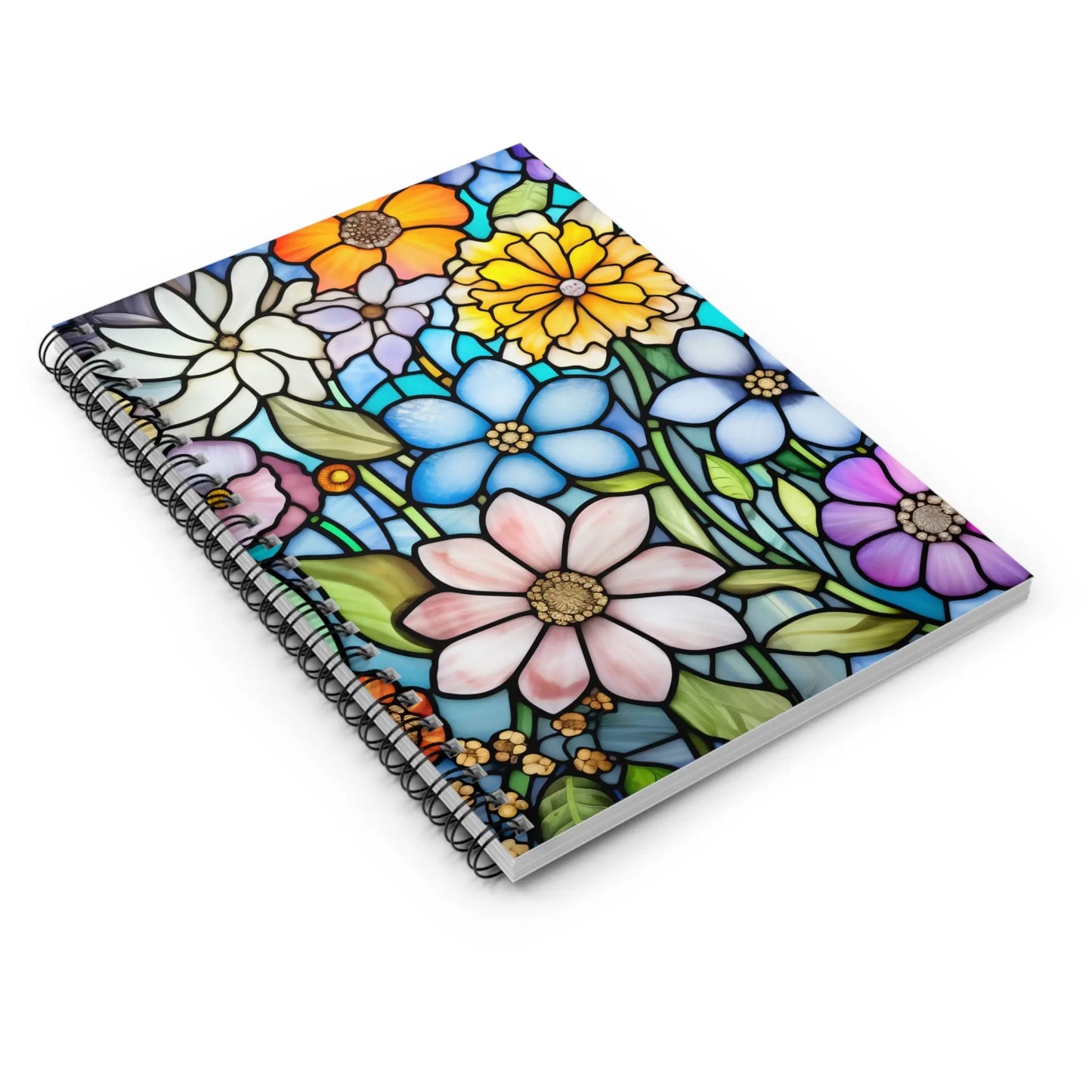 A picture of the Stained Glass Flowers Spiral Notebook from GlassyRock Arts.
