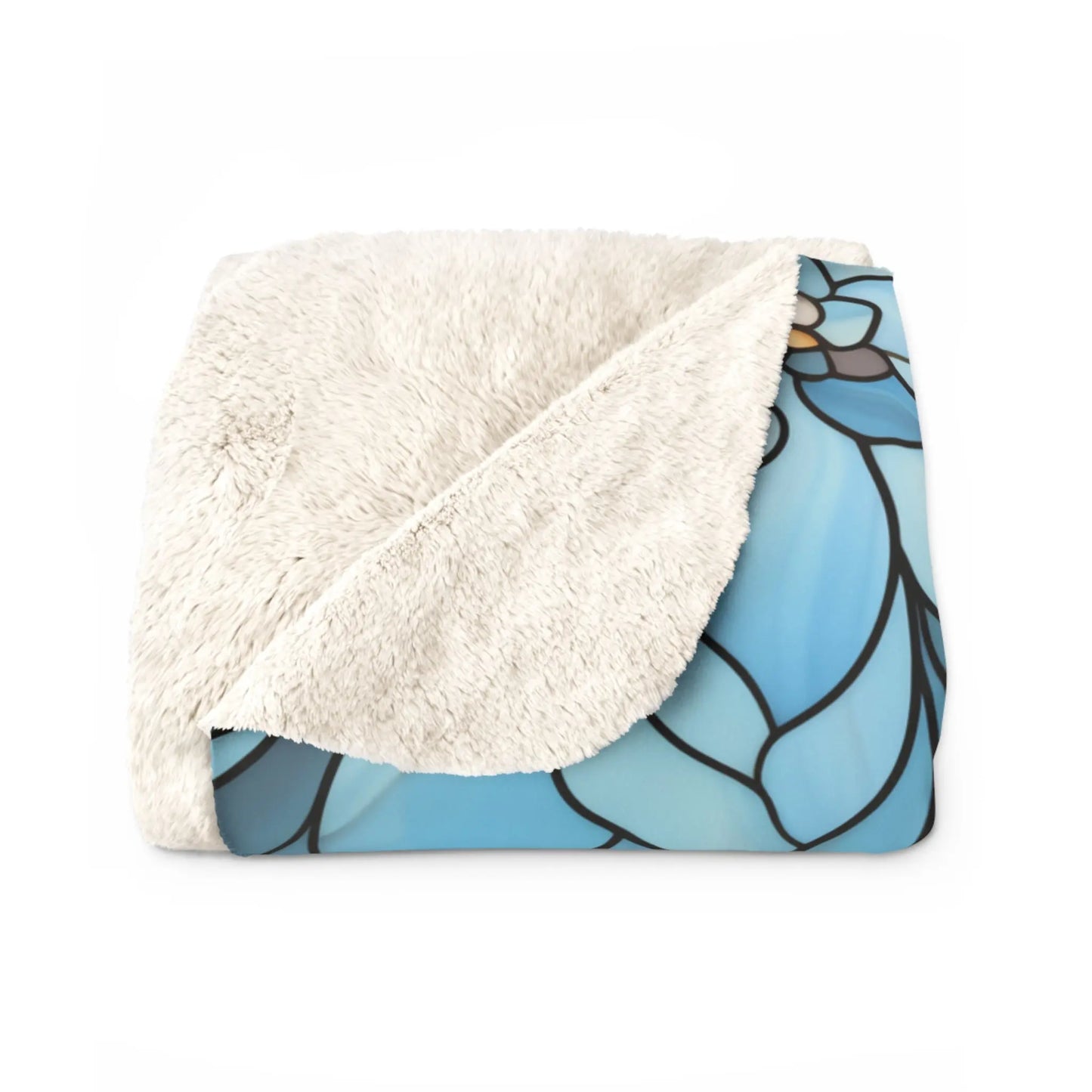 The Stained Glass Dark Flowers Sherpa Fleece Blanket is a custom creation with one side featuring plush, fluffy cream fabric and the other displaying a blue floral pattern with dark outlines.