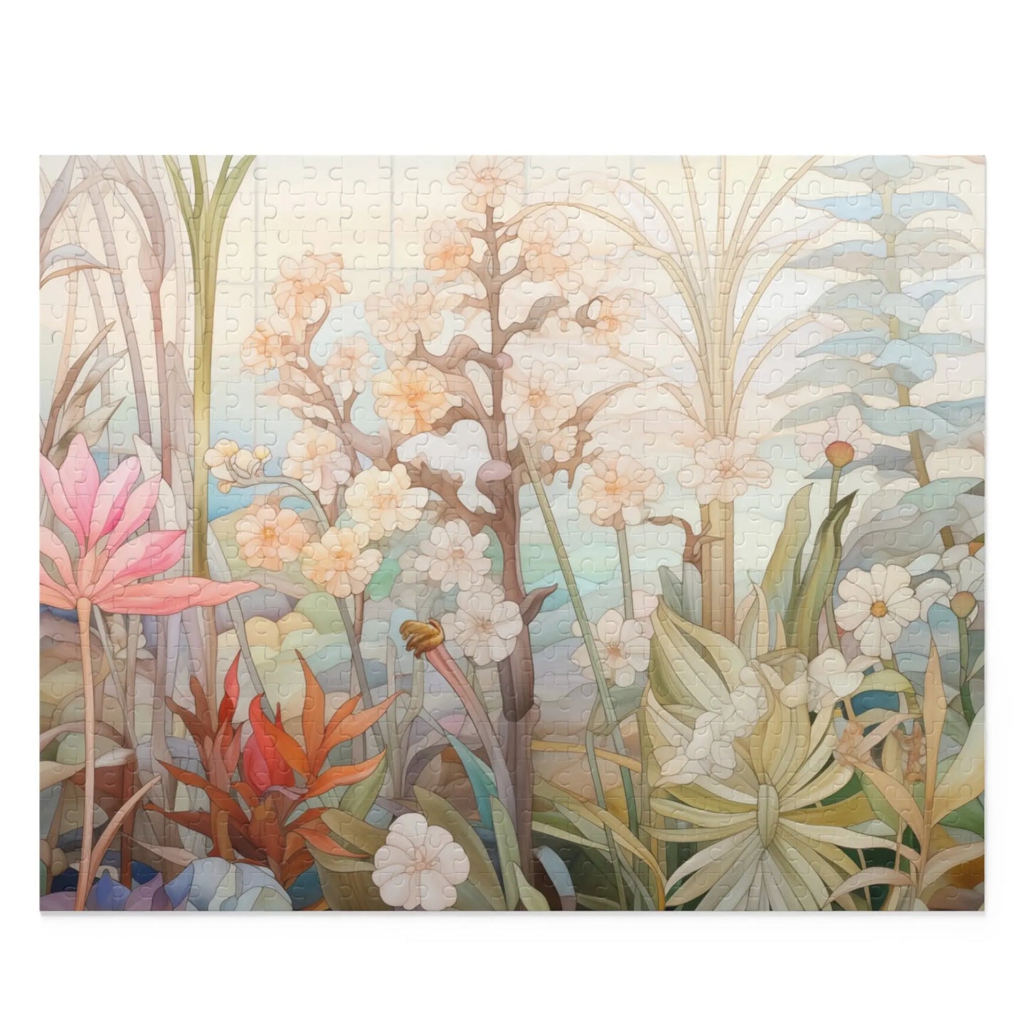 The Summer Botanicals Jigsaw Puzzle is an ideal gift for puzzle enthusiasts, featuring a tranquil garden scene with various flowers and plants in soft pastel tones that create a serene, dreamlike atmosphere.
