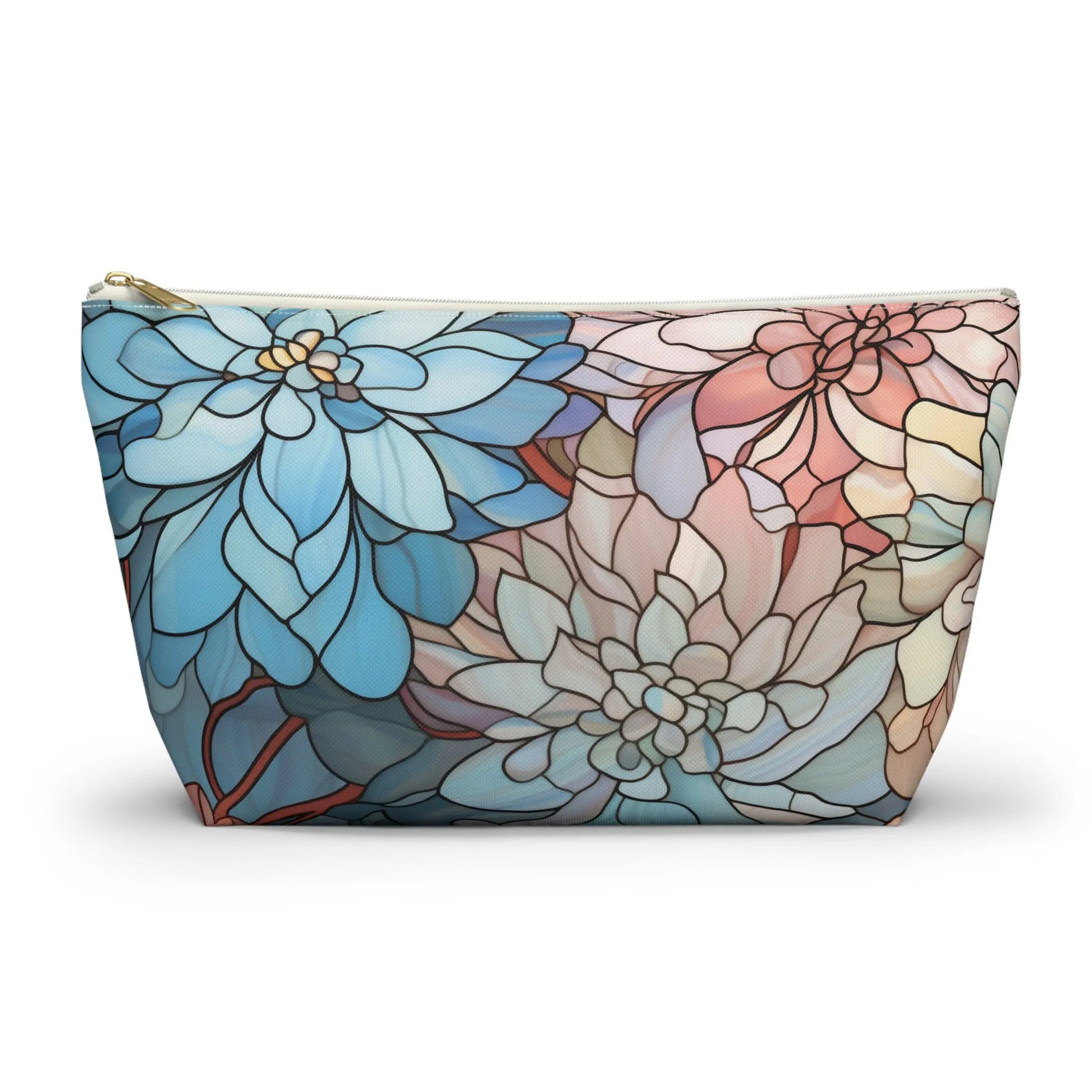 The Stained Glass Dark Flowers Cosmetic Bag is a zippered pouch with a floral pattern in blue, pink, and cream, resembling stained glass with intricate petal details—perfect for a boho gift.