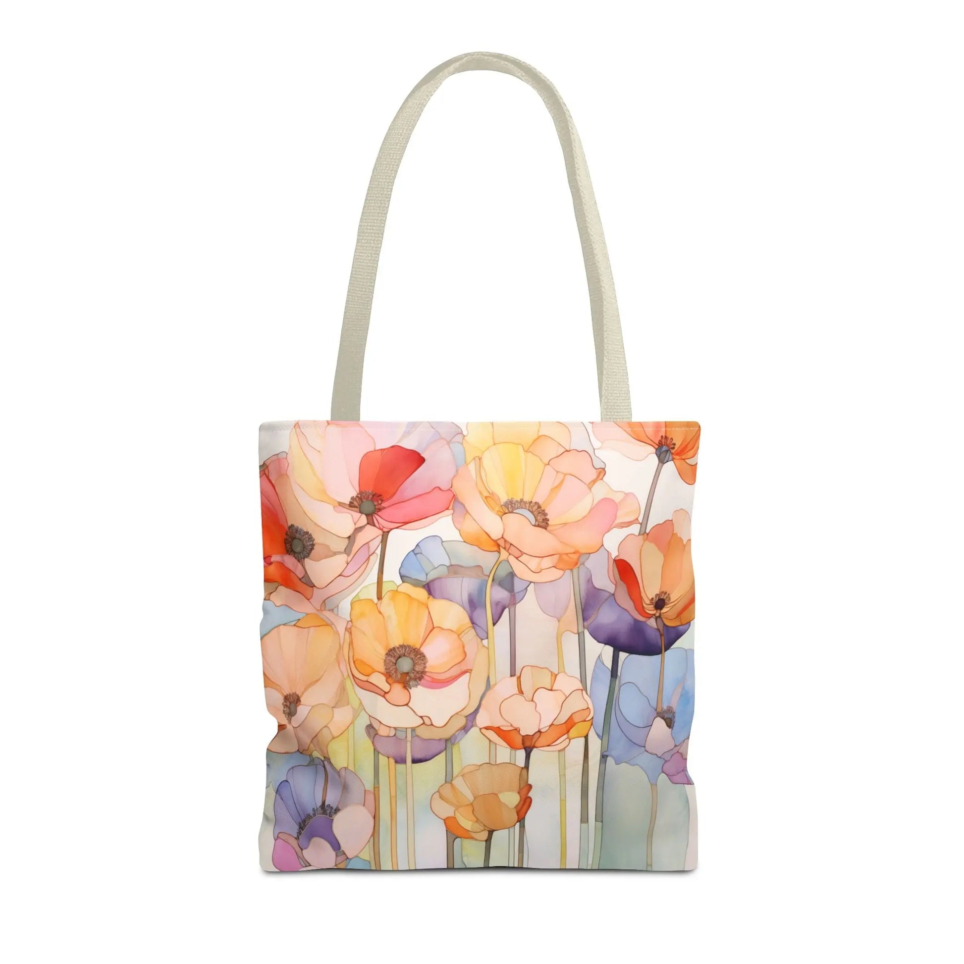 Made from durable polyester, the Stained Glass Poppy Flowers Tote Bag features a floral stained glass design with colorful translucent flowers in red, yellow, orange, and purple on a light background, complete with two white handles and available in 3 sizes.