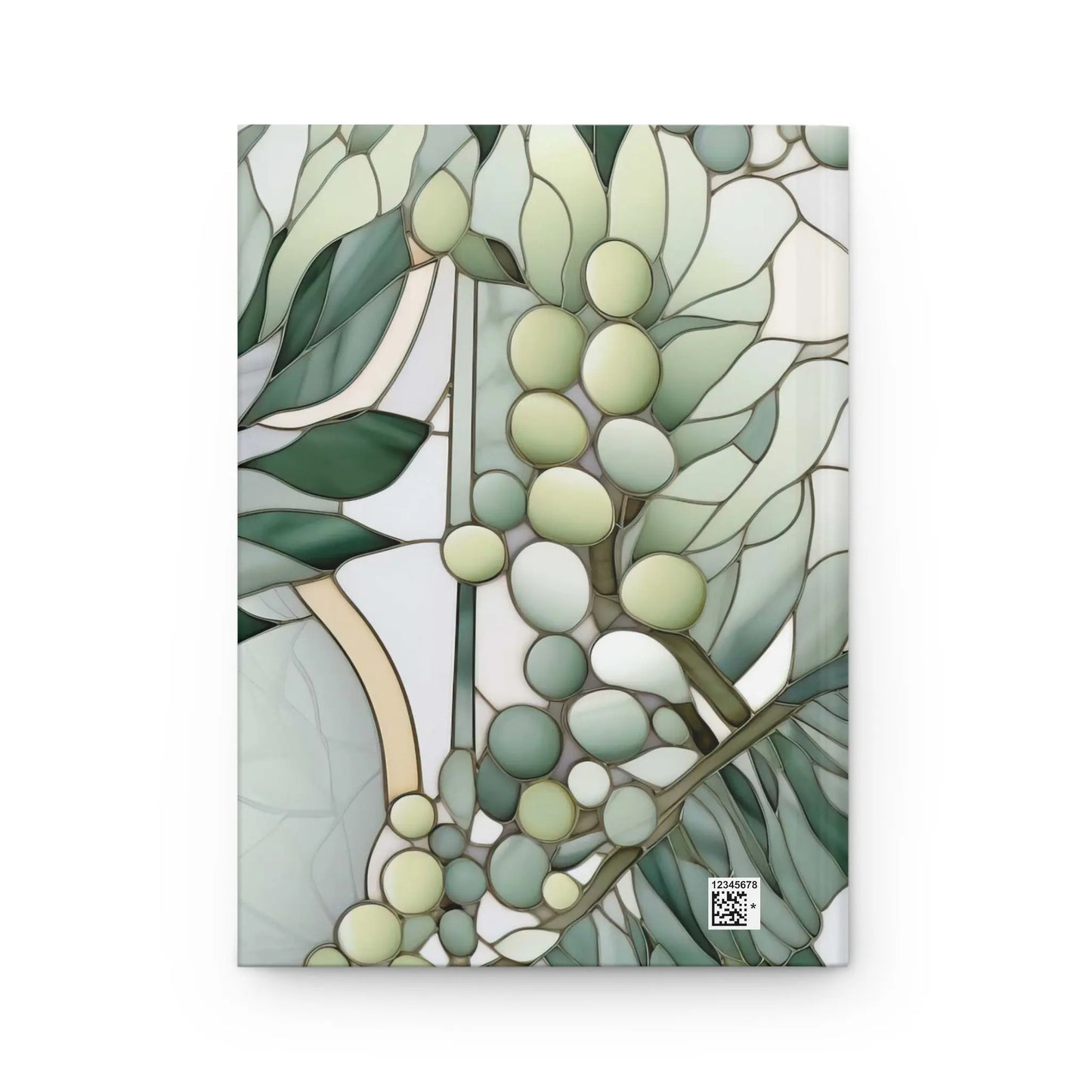 The Retro Stained Glass Ferns Hardcover Journal showcases a cluster of light green berries with leaves in a nostalgic design, using shades of green and gray. A small QR code adorns the bottom right corner for an elegant touch.
