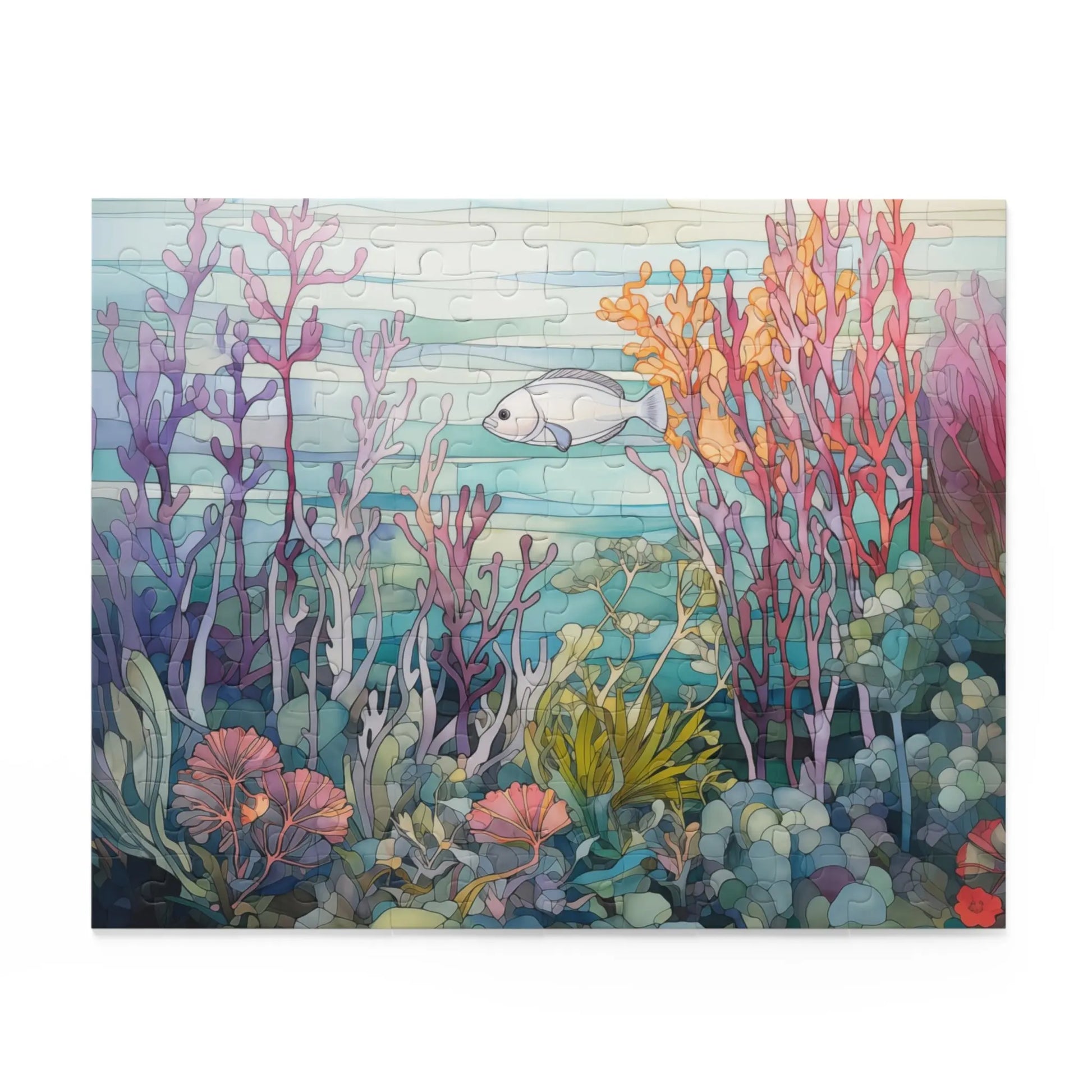 A vibrant stained glass Coral Reef Ocean Jigsaw Puzzle scene showcases a variety of colorful corals in purple, pink, orange, and green hues against a light blue background with a white fish swimming through them.