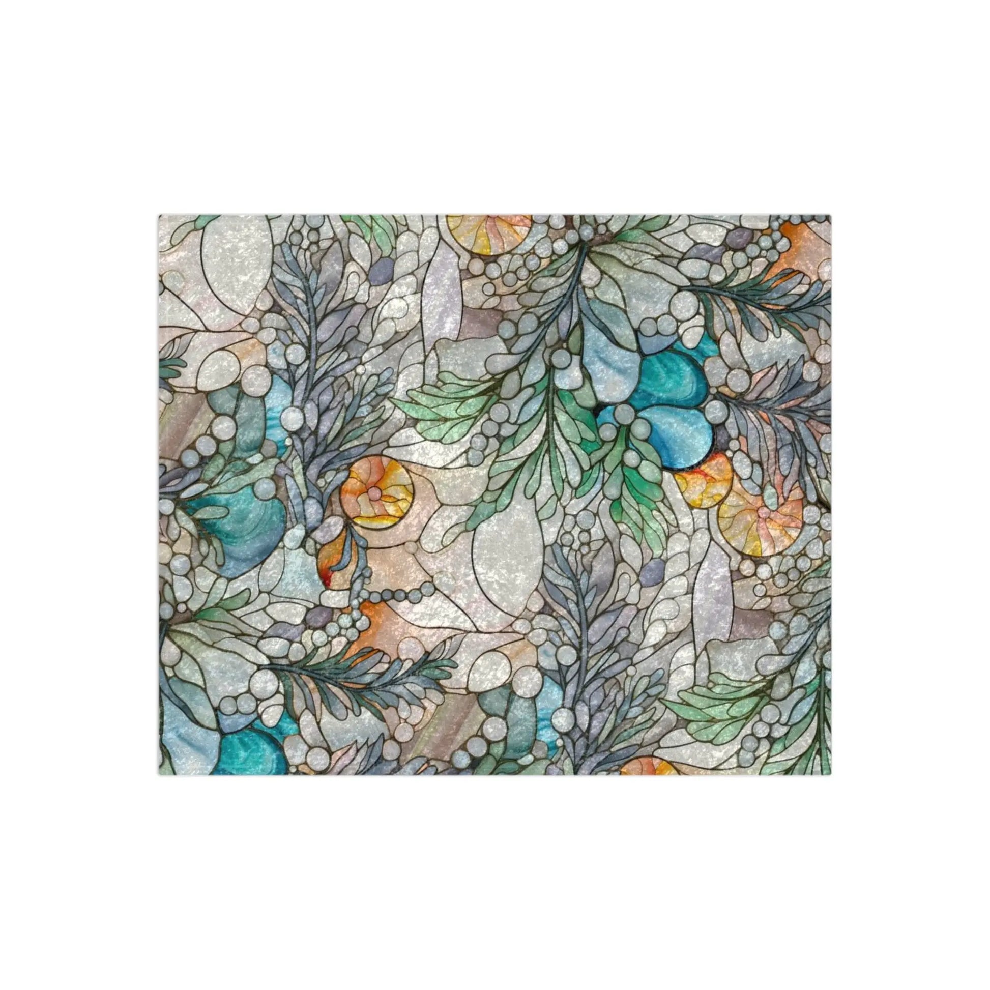 The Stained Glass Rainbow Ferns Forest Crushed Velvet Blanket showcases abstract interconnected organic shapes in soft earthy tones of green, blue, and orange, resembling underwater foliage with swirling lines and layered textures.