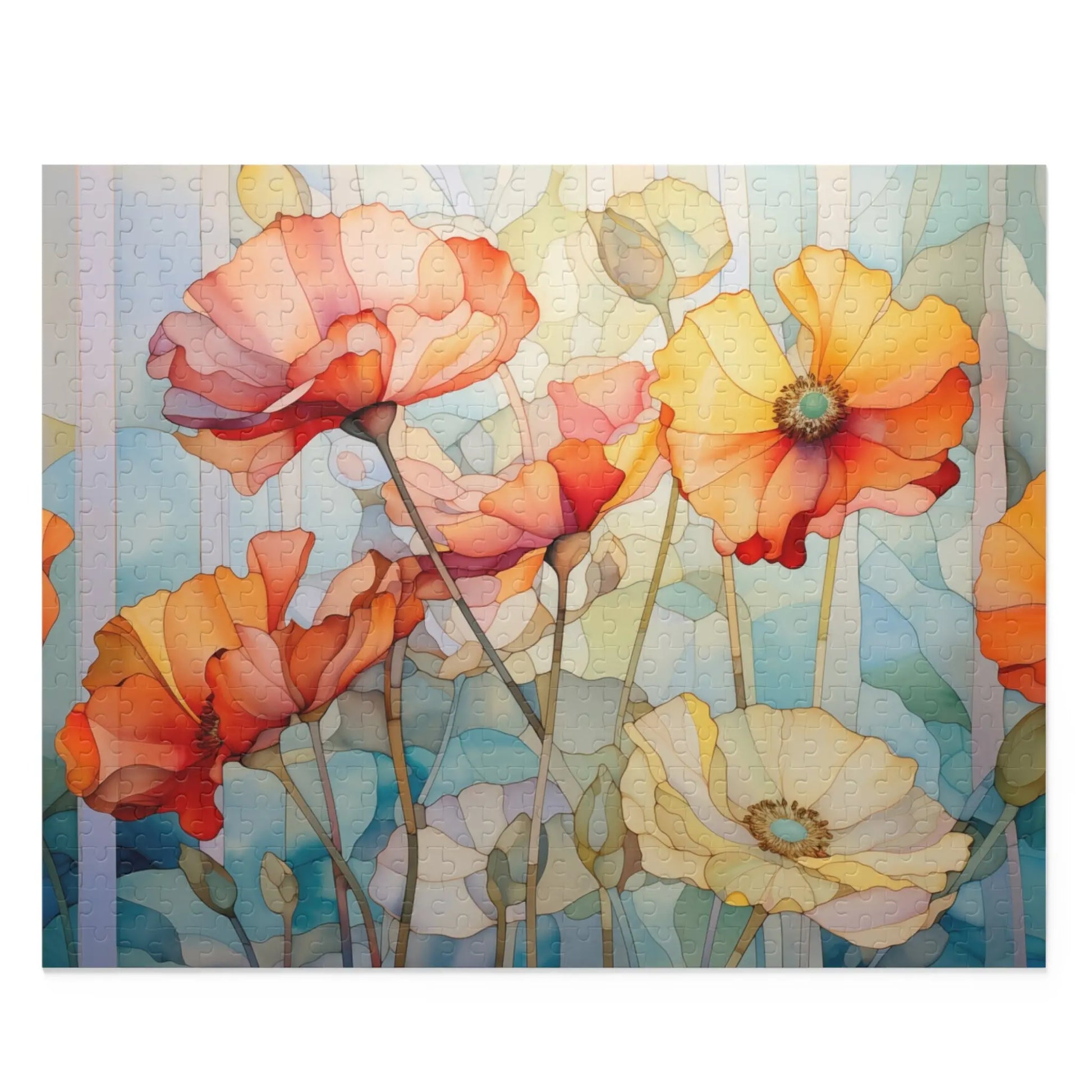 The Watercolor Poppies Jigsaw Puzzle is perfect for puzzle lovers, featuring vibrant orange, red, and yellow poppies against a subtle blue and green background. This illustrated design creates a dreamy artistic effect, making it an ideal gift for art enthusiasts.