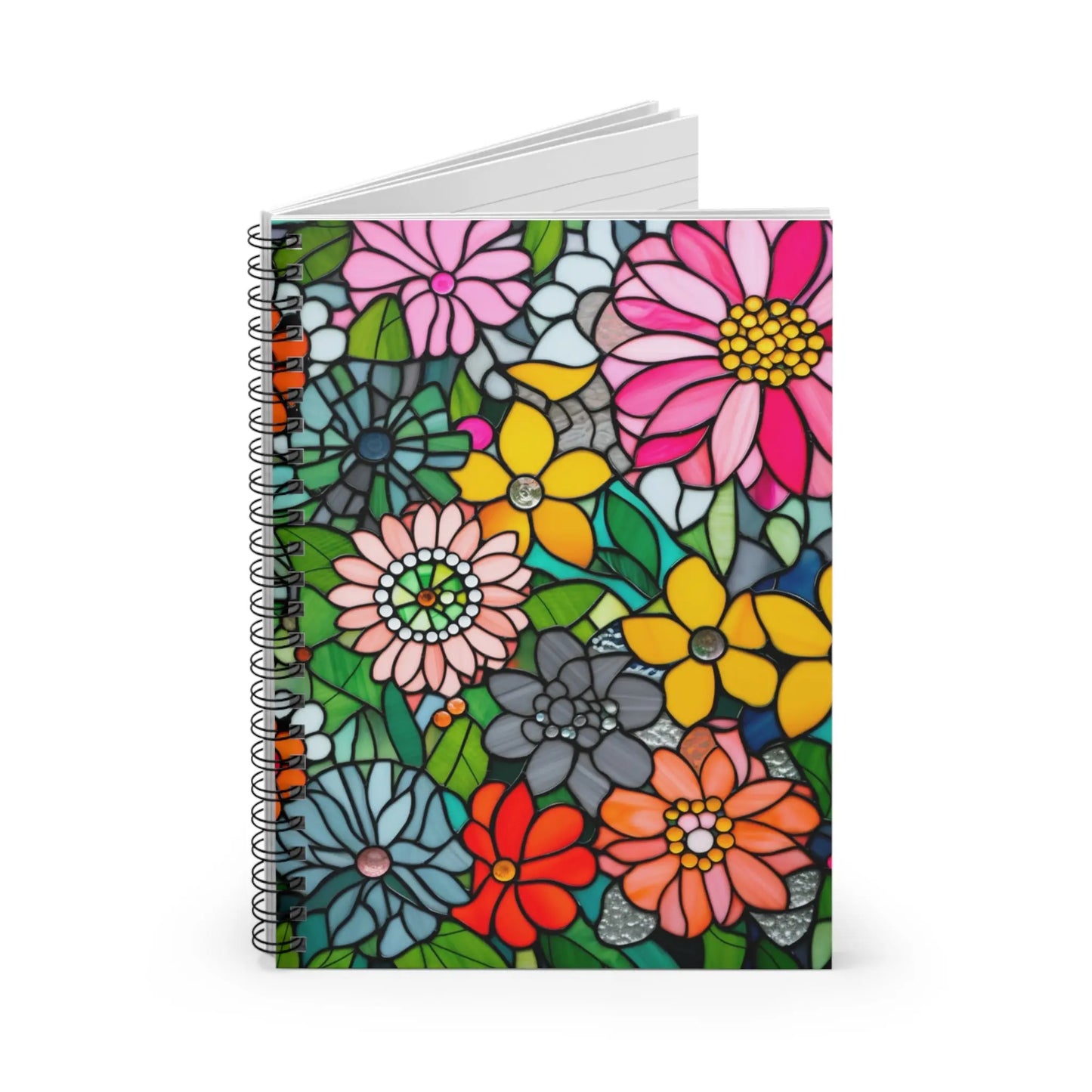 A picture of the Stained Glass Flowers Spiral Notebook from GlassyRock Arts.