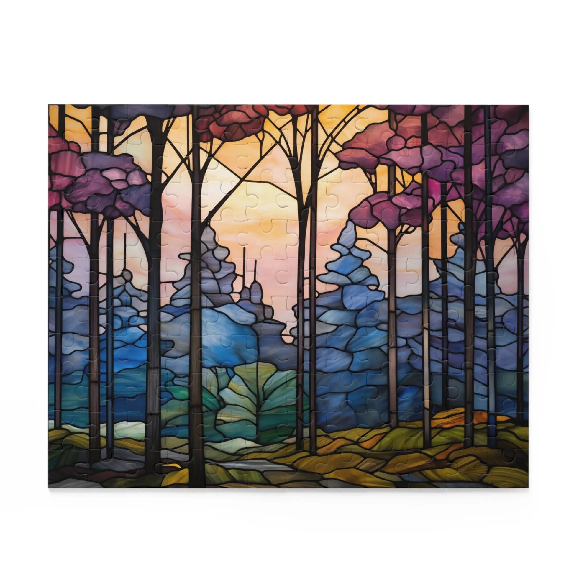The Dark Woods Forest Jigsaw Puzzle is an art gift featuring a serene forest with tall trees and pink, purple, and blue foliage against a colorful sunset. Its vibrant mosaic-like appearance will captivate any nature lover.