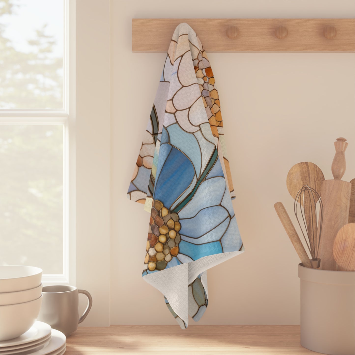 Stained Glass Flowers Tea Towel