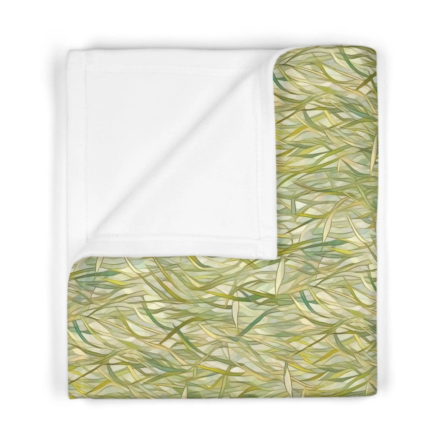 A picture of the Stained Glass Plants Soft Fleece Boho Baby Blanket, Silver Sage Grasses Print from GlassyRock Arts.