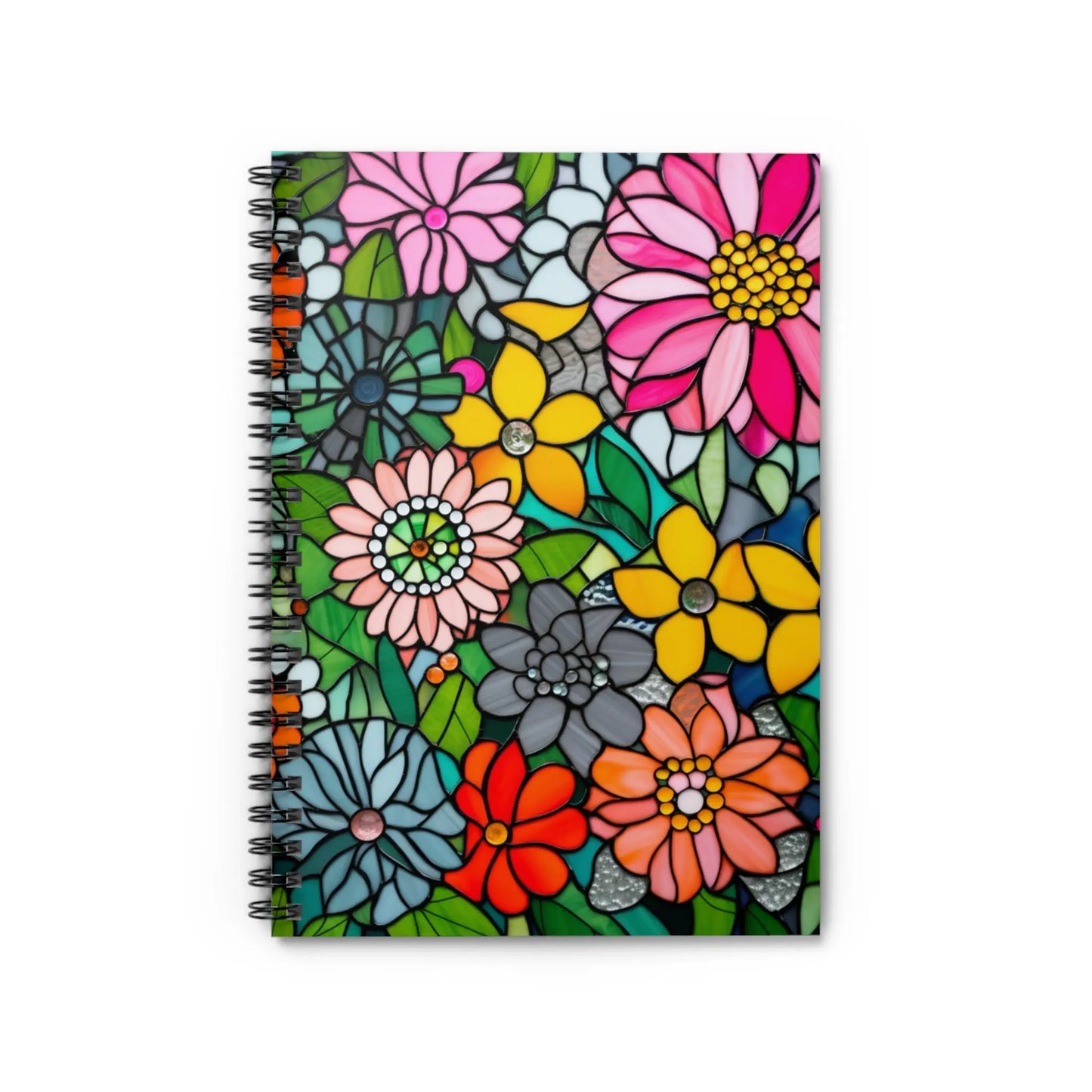 A picture of the Stained Glass Flowers Spiral Notebook from GlassyRock Arts.