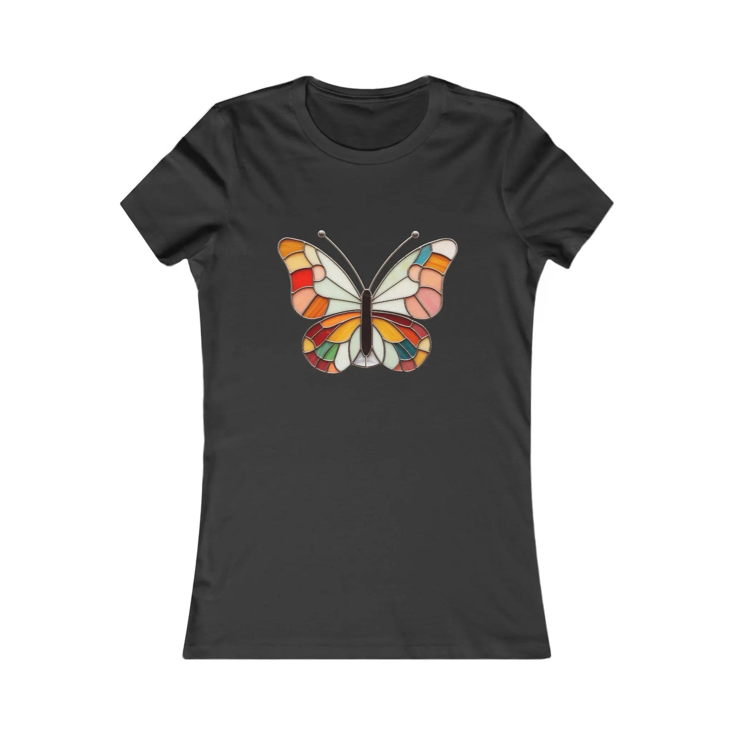 This sustainable clothing item is a black Bella+Canvas Stained Glass Groovy Butterfly Womens Tee Shirt, featuring a colorful geometric butterfly design in orange, red, and white reminiscent of an abstract stained glass pattern with a modern twist.