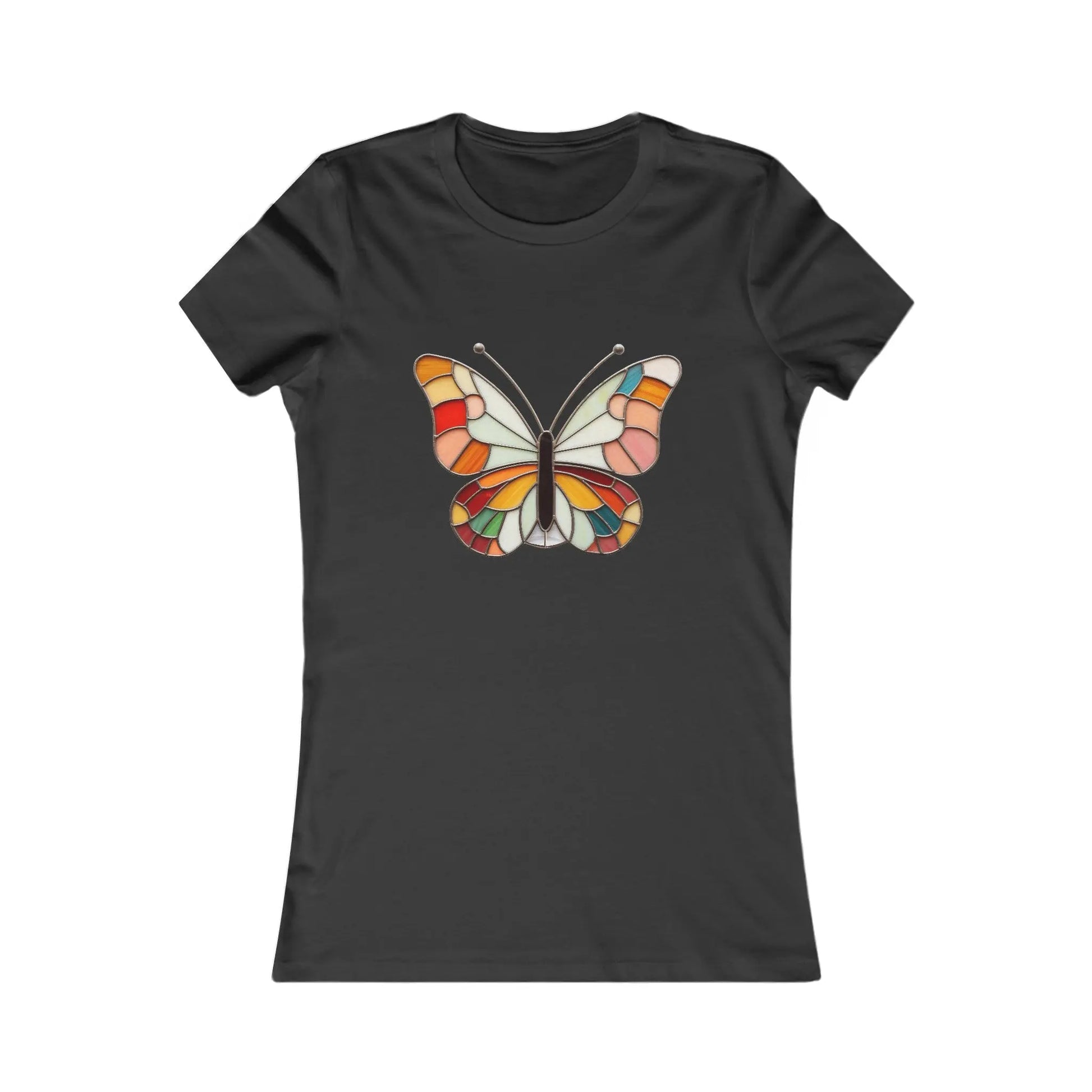 This sustainable clothing item is a black Bella+Canvas Stained Glass Groovy Butterfly Womens Tee Shirt, featuring a colorful geometric butterfly design in orange, red, and white reminiscent of an abstract stained glass pattern with a modern twist.