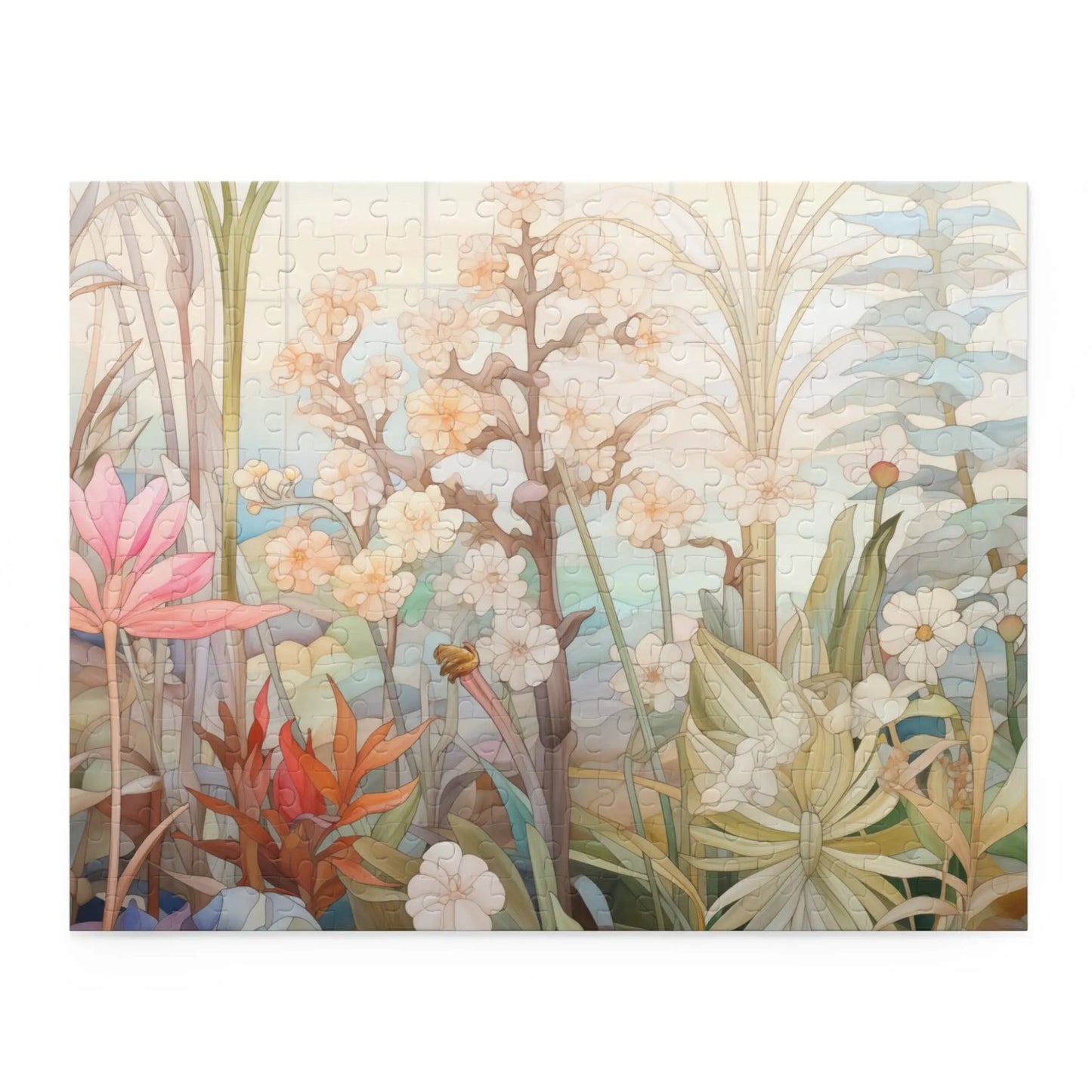 The Summer Botanicals Jigsaw Puzzle is a delicate watercolor-style illustrated puzzle featuring pink, white, and orange blossoms surrounded by leafy greenery against a soft blue sky, capturing a serene garden scene. Its the perfect art gift for any puzzle lover.