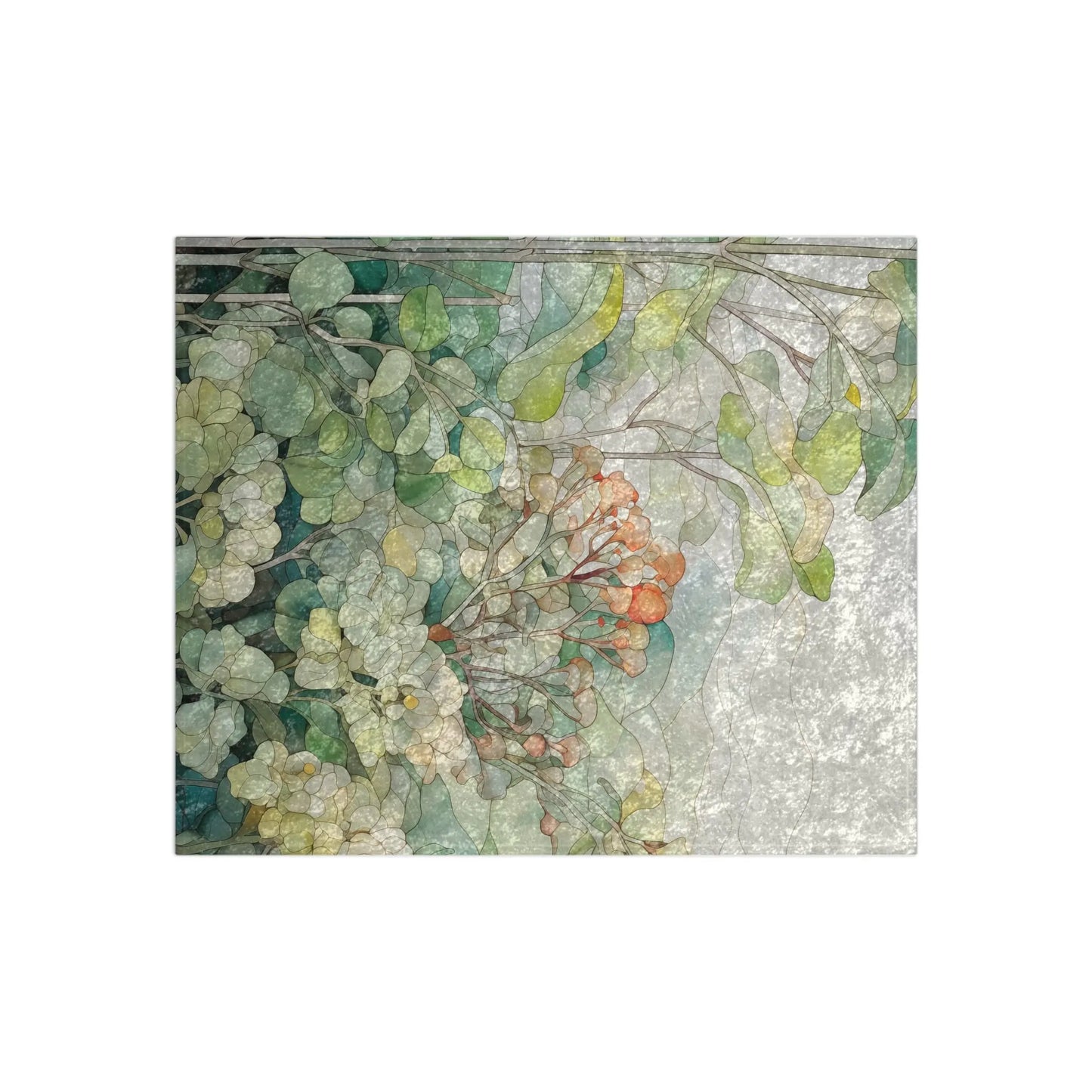 The Stained Glass Tropical Forest Crushed Velvet and Soft Fleece Blanket - 50x60 features an abstract watercolor design with lush foliage, soft green leaves, and delicate white and orange blossoms, creating a textured and translucent appearance against a pale background.